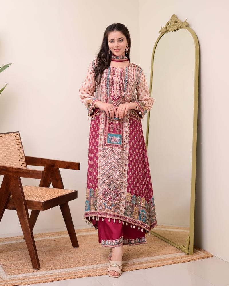 Pure Chinon Anarkali Kurti Set with Dupatta & Pearl Necklace