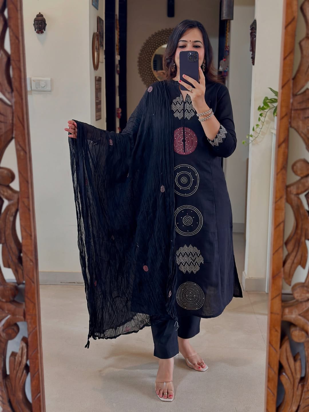 Festive Mul Cotton Kurti Pant Dupatta Set – Black & Orange
