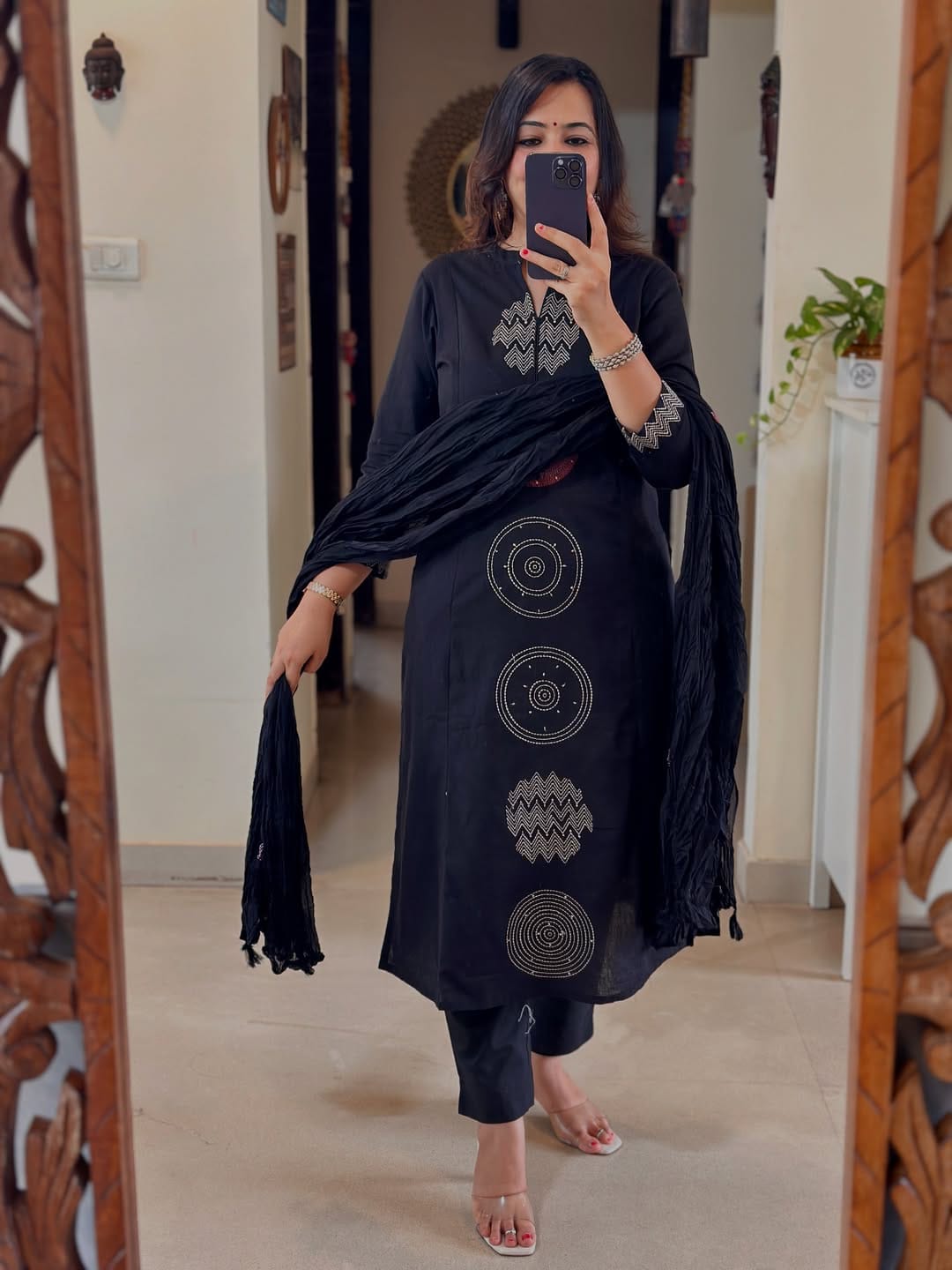 Festive Mul Cotton Kurti Pant Dupatta Set – Black & Orange