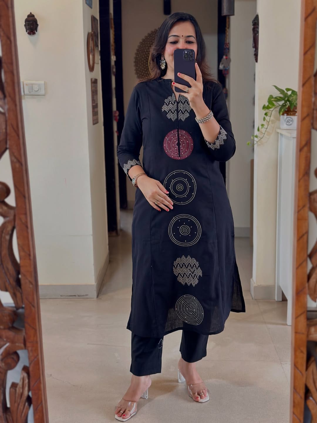 Festive Mul Cotton Kurti Pant Dupatta Set – Black & Orange