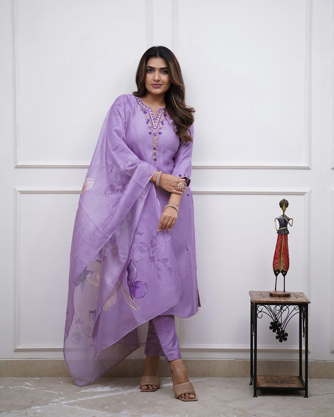 Embroidered Rayon Slub Kurti Pant Set with Chanderi Dupatta