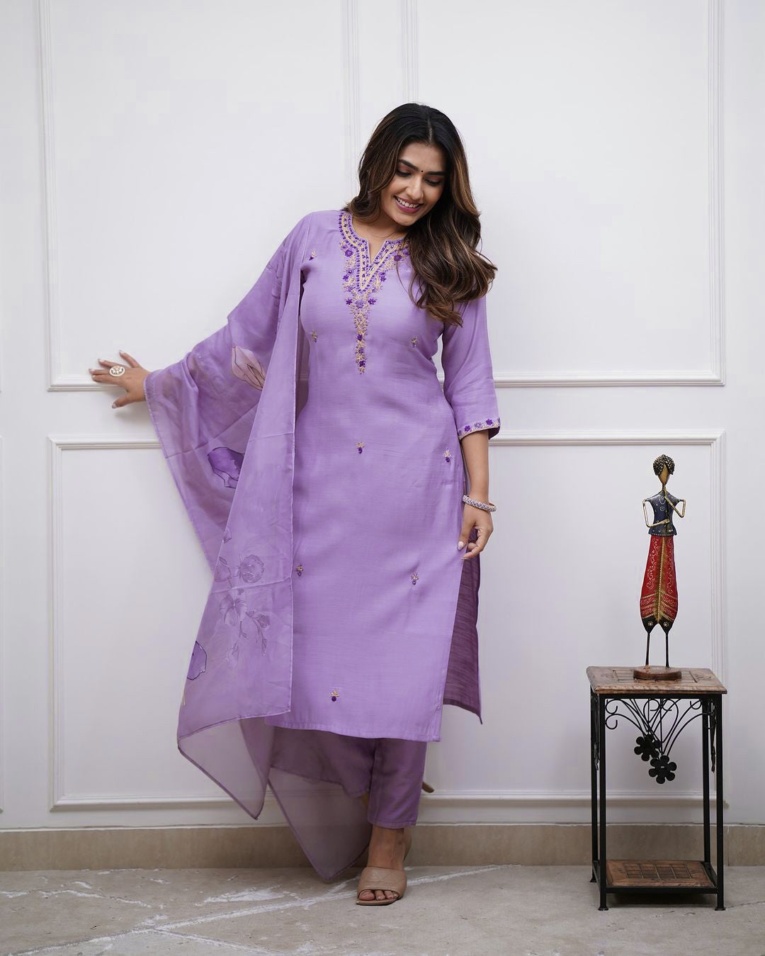 Embroidered Rayon Slub Kurti Pant Set with Chanderi Dupatta