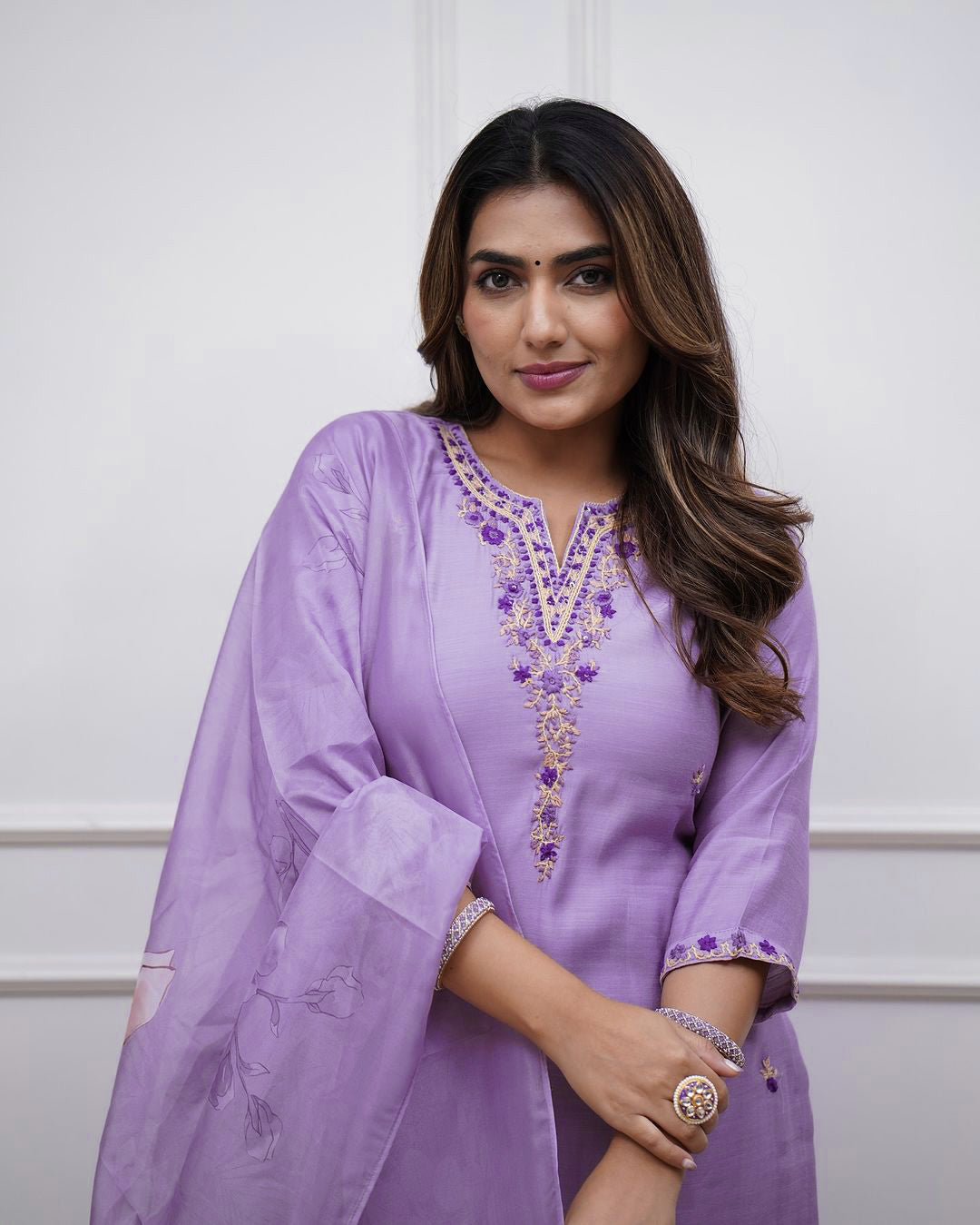 Embroidered Rayon Slub Kurti Pant Set with Chanderi Dupatta