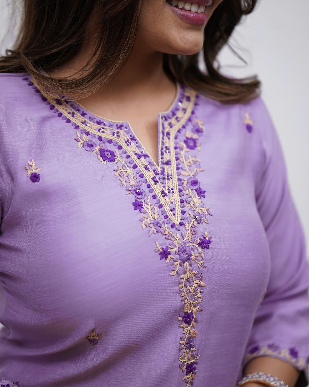Embroidered Rayon Slub Kurti Pant Set with Chanderi Dupatta