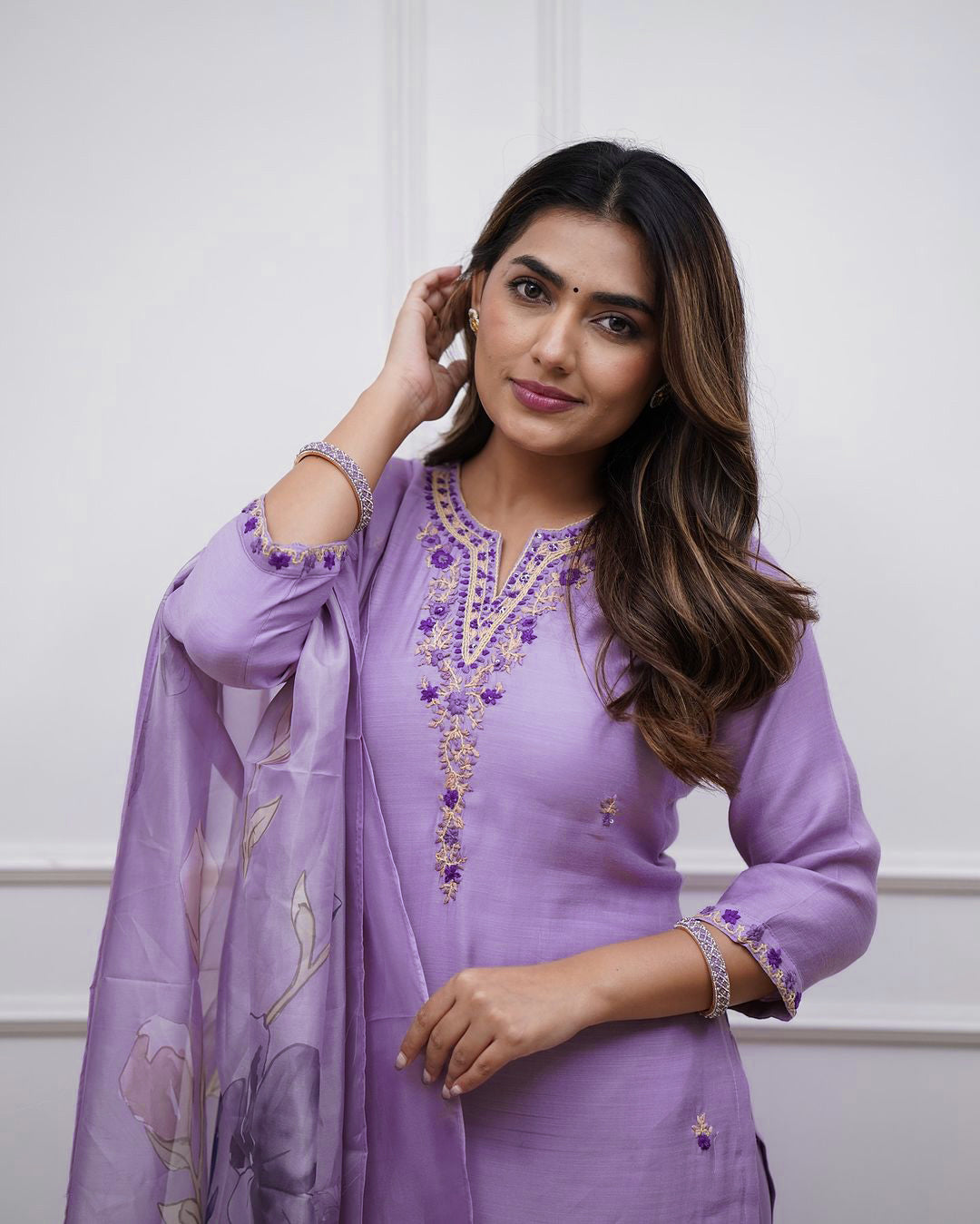 Embroidered Rayon Slub Kurti Pant Set with Chanderi Dupatta