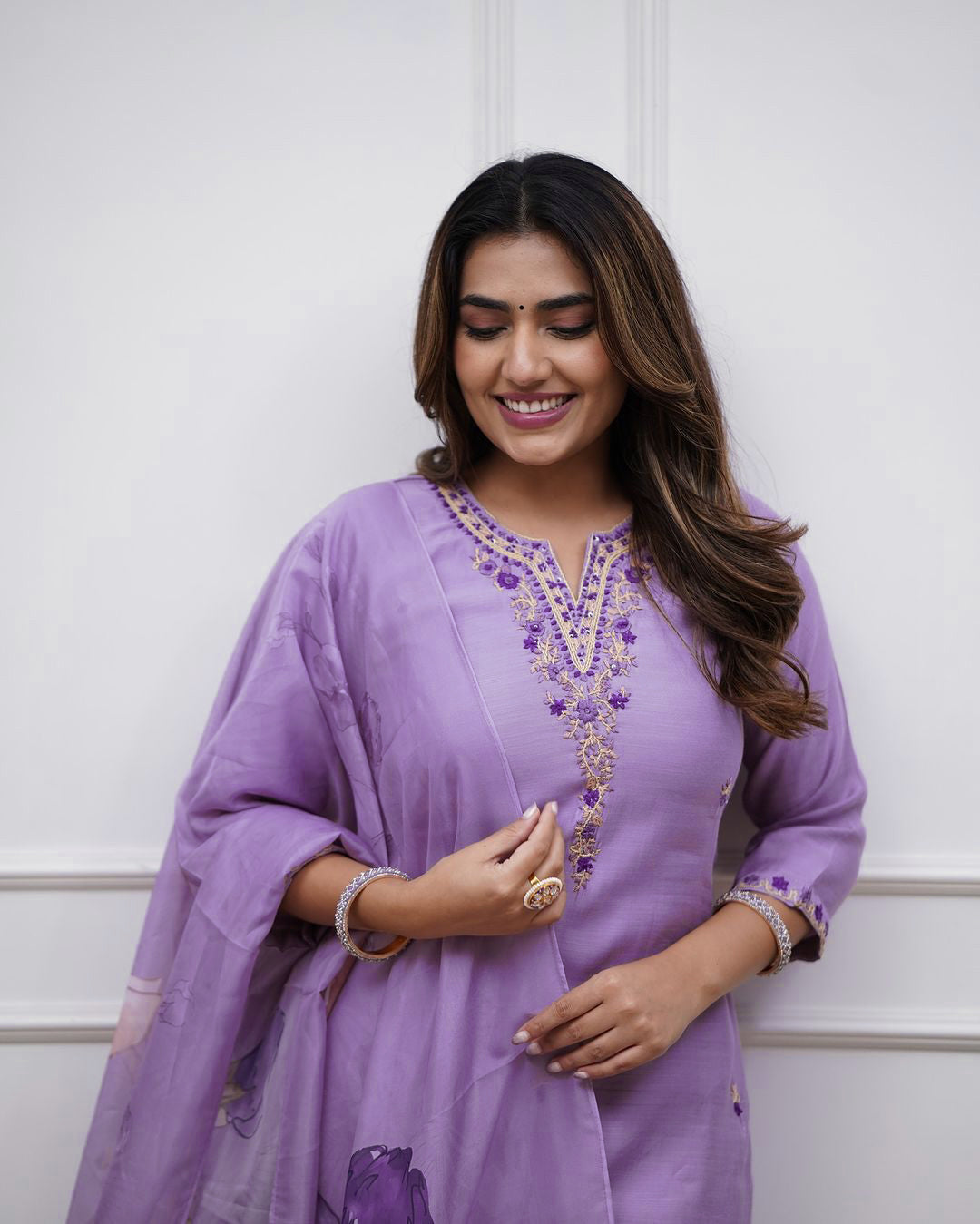 Embroidered Rayon Slub Kurti Pant Set with Chanderi Dupatta