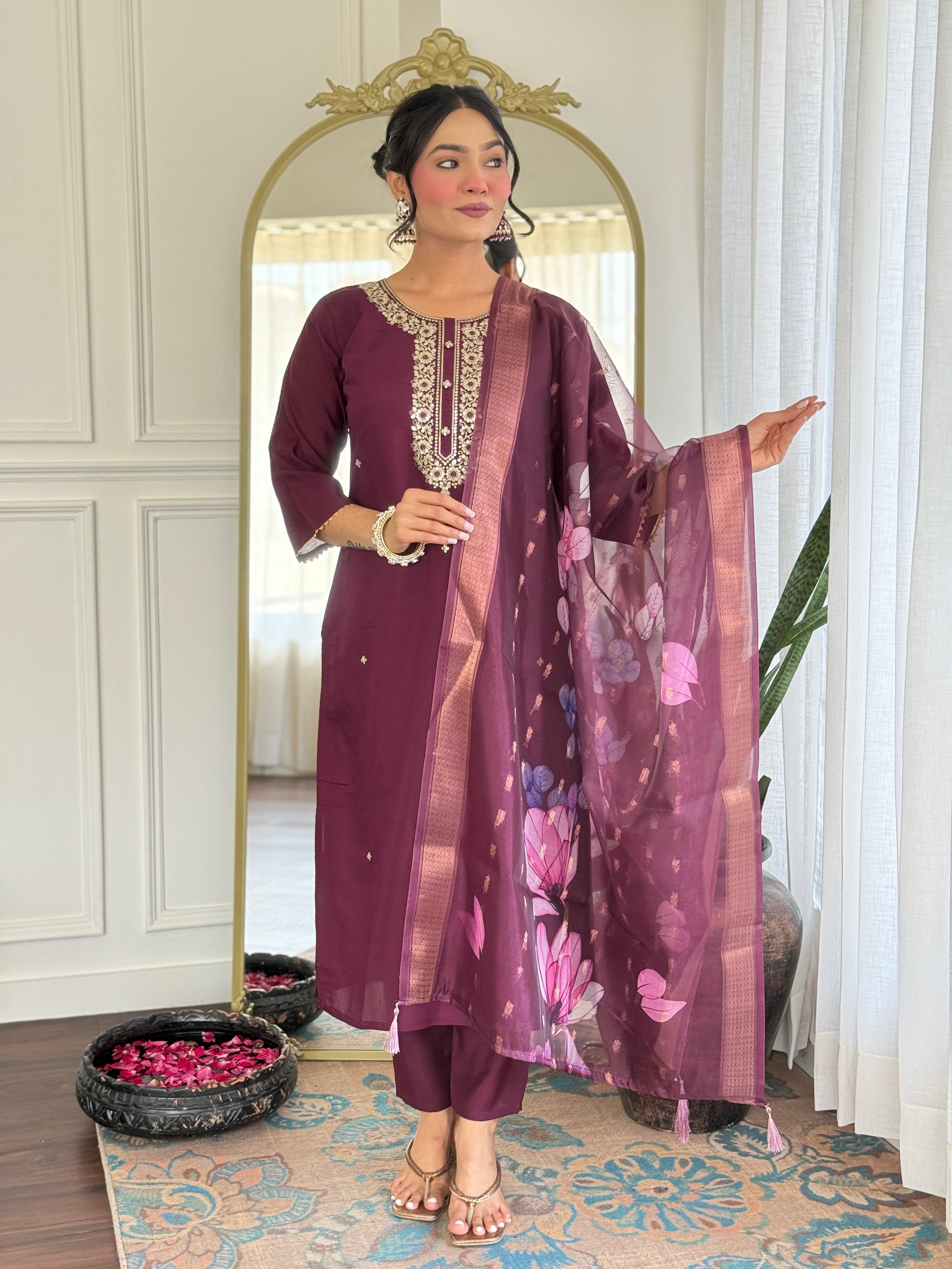 Women’s Rayon Embroidered Suit Set with Jacquard Butti Dupatta
