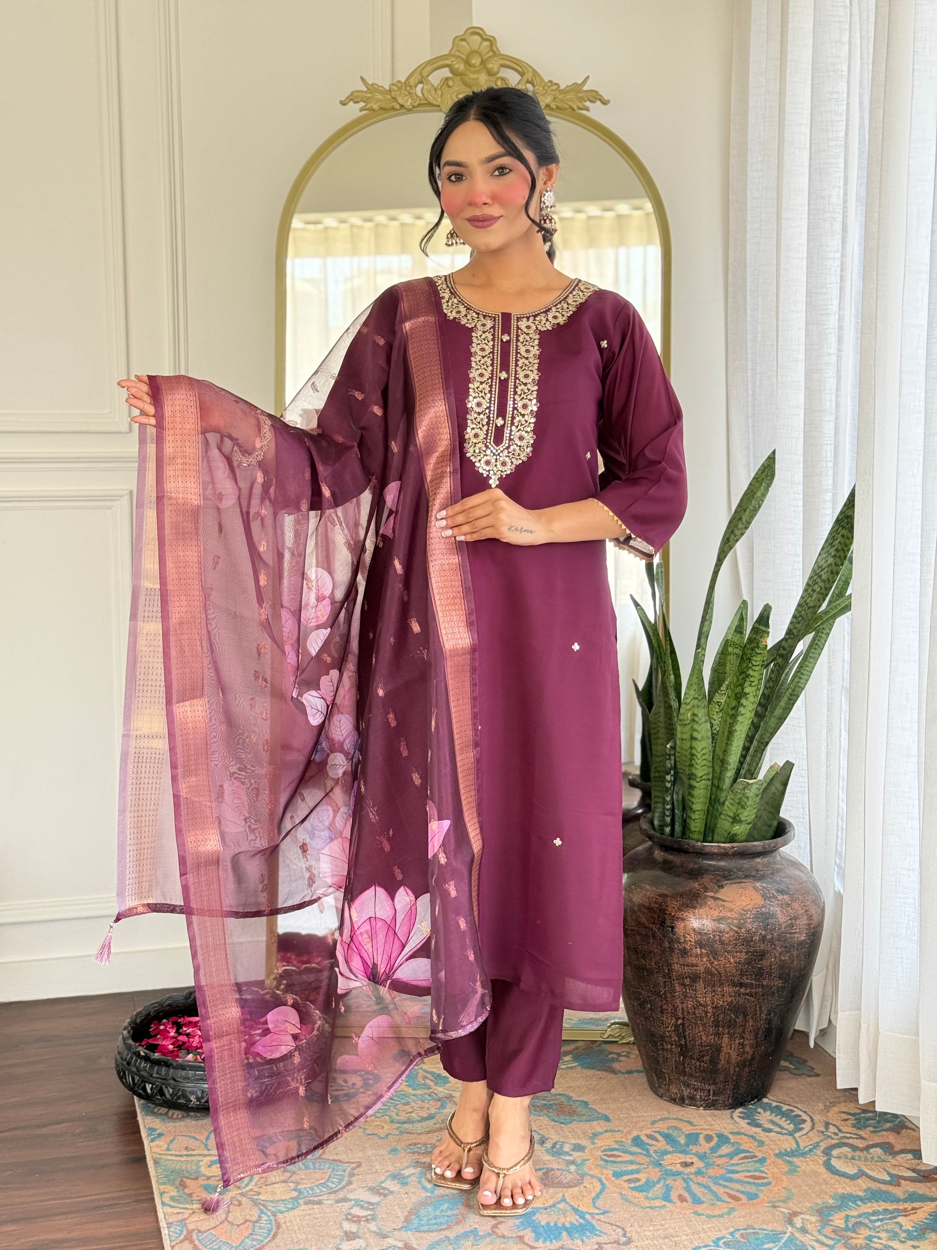 Women’s Rayon Embroidered Suit Set with Jacquard Butti Dupatta
