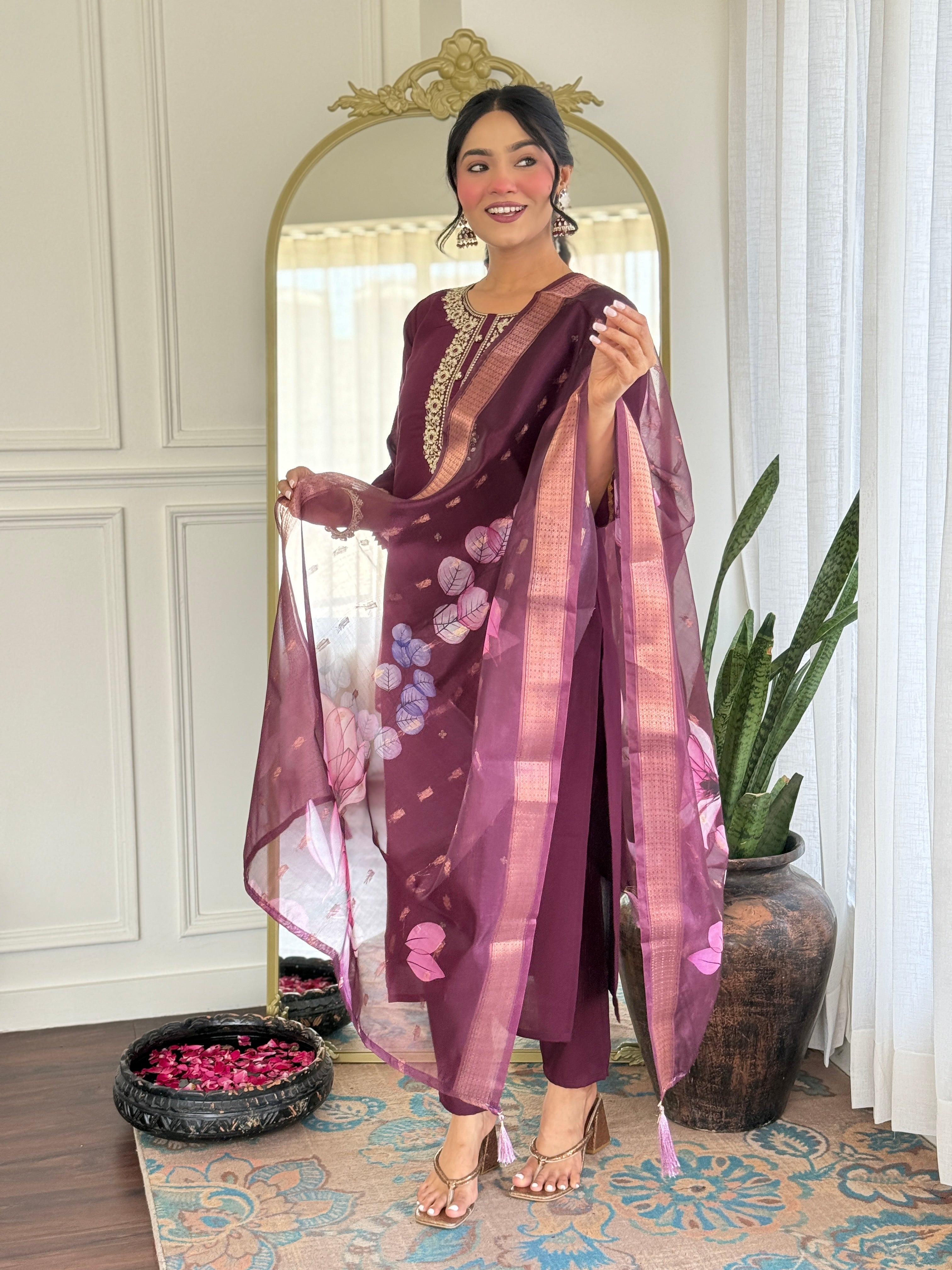 Women’s Rayon Embroidered Suit Set with Jacquard Butti Dupatta