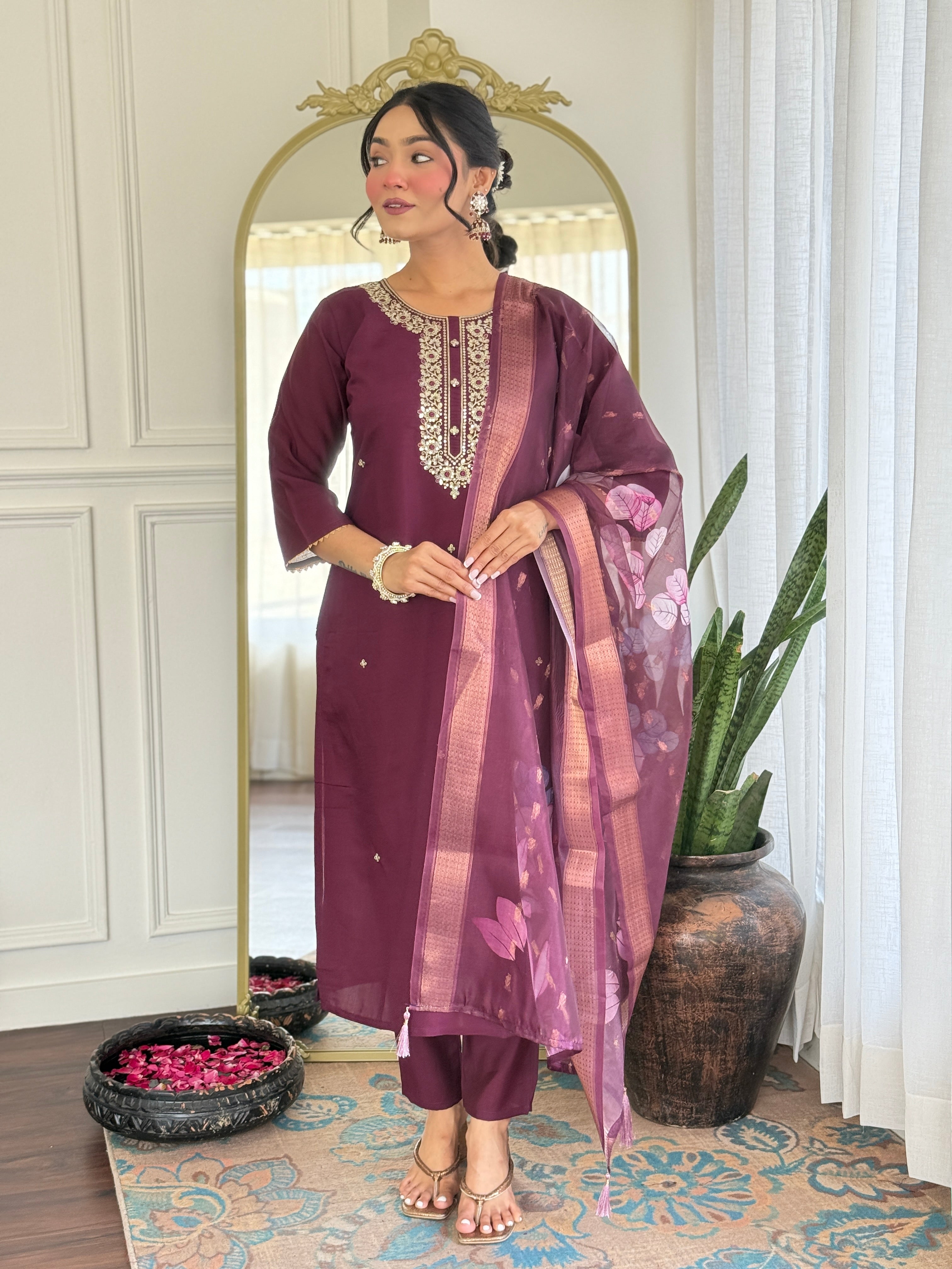 Women’s Rayon Embroidered Suit Set with Jacquard Butti Dupatta