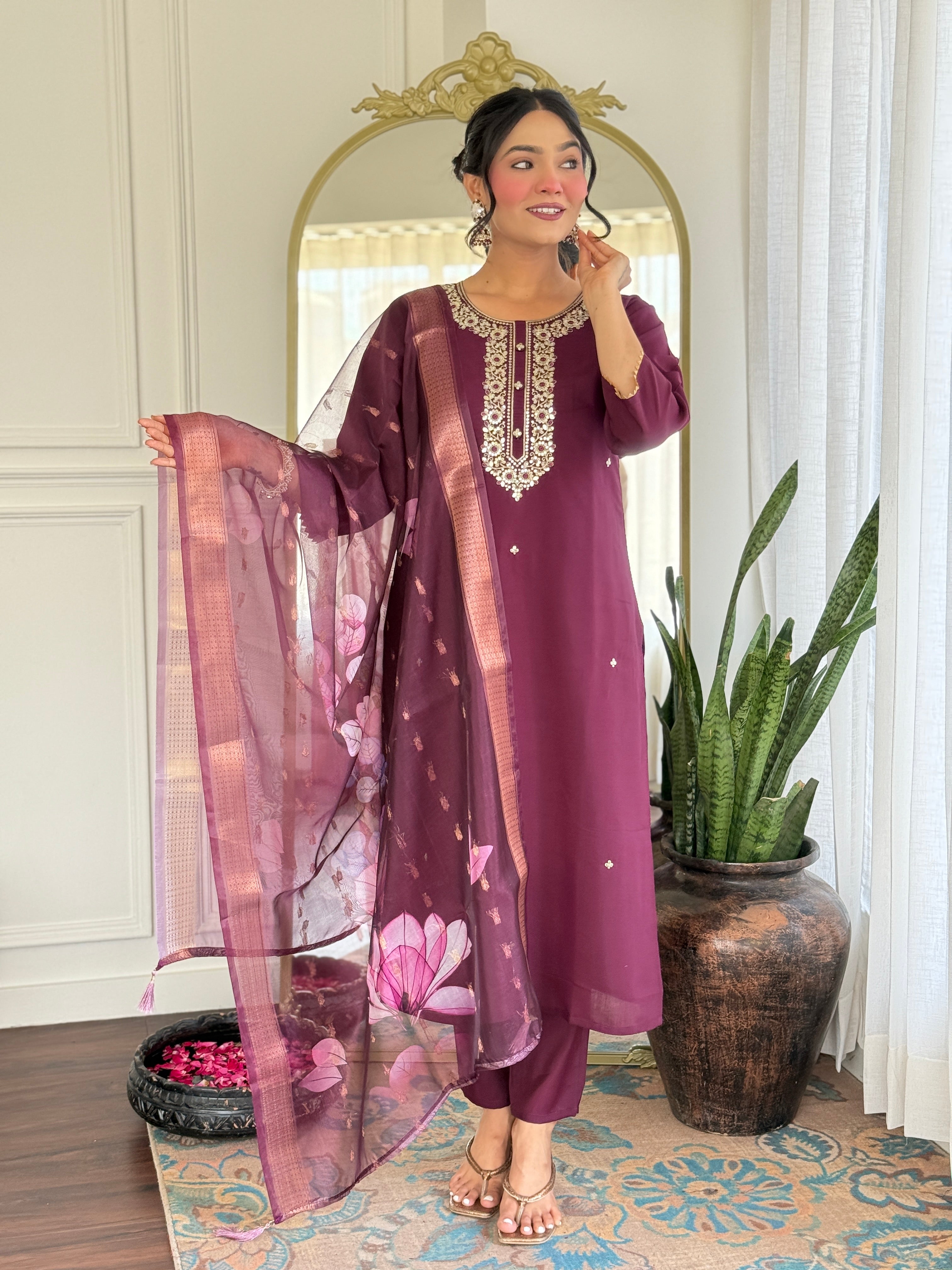 Women’s Rayon Embroidered Suit Set with Jacquard Butti Dupatta