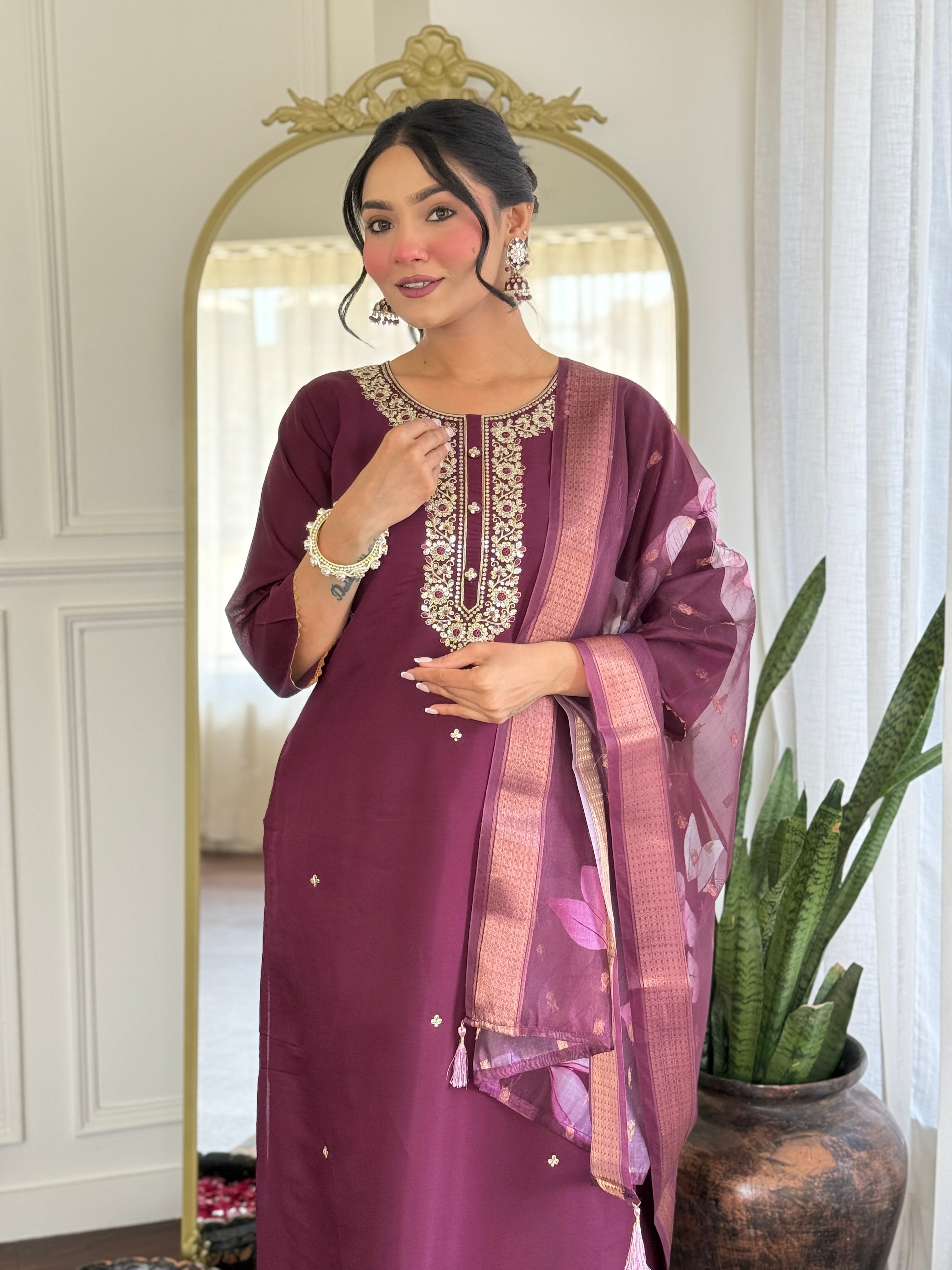 Women’s Rayon Embroidered Suit Set with Jacquard Butti Dupatta