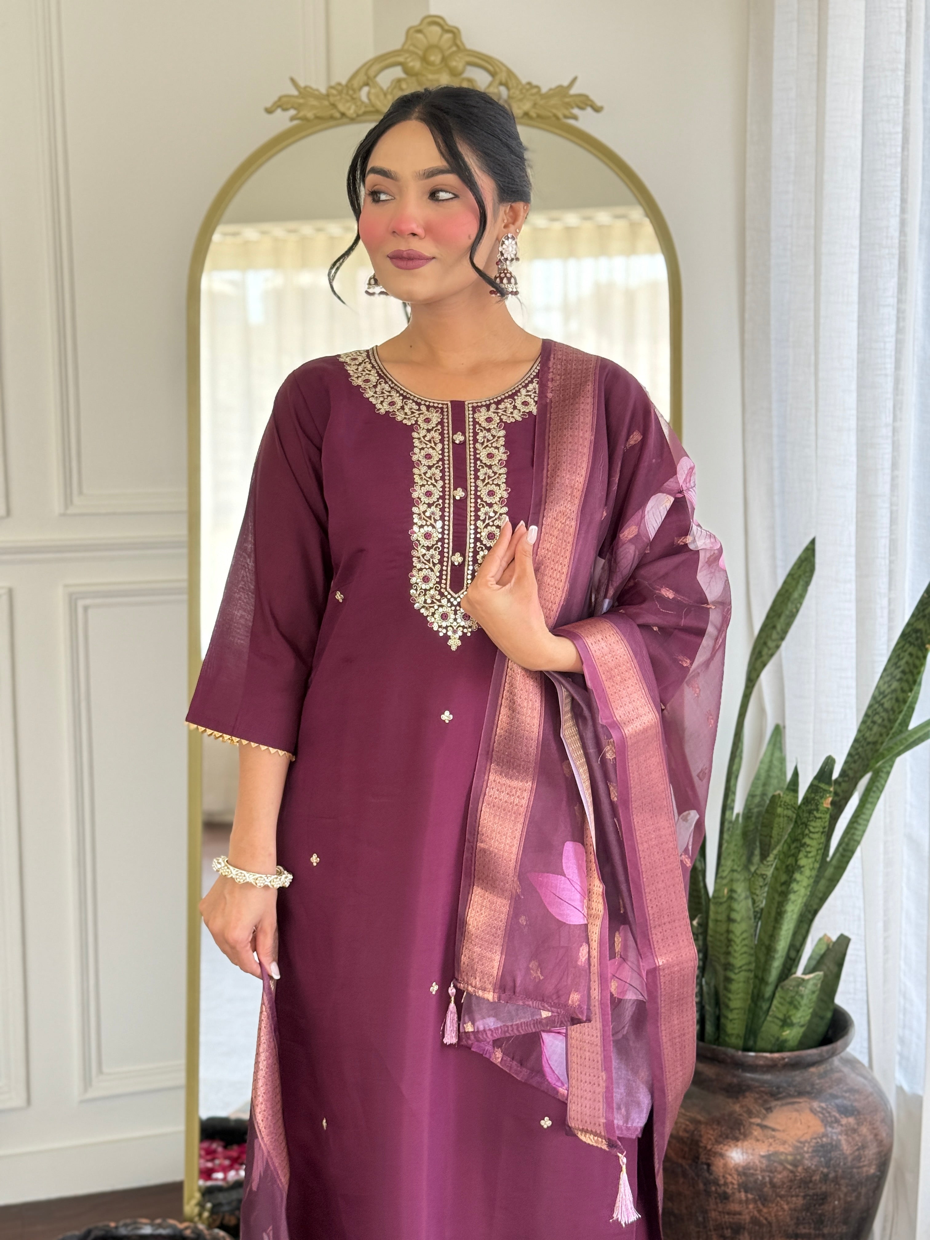 Women’s Rayon Embroidered Suit Set with Jacquard Butti Dupatta