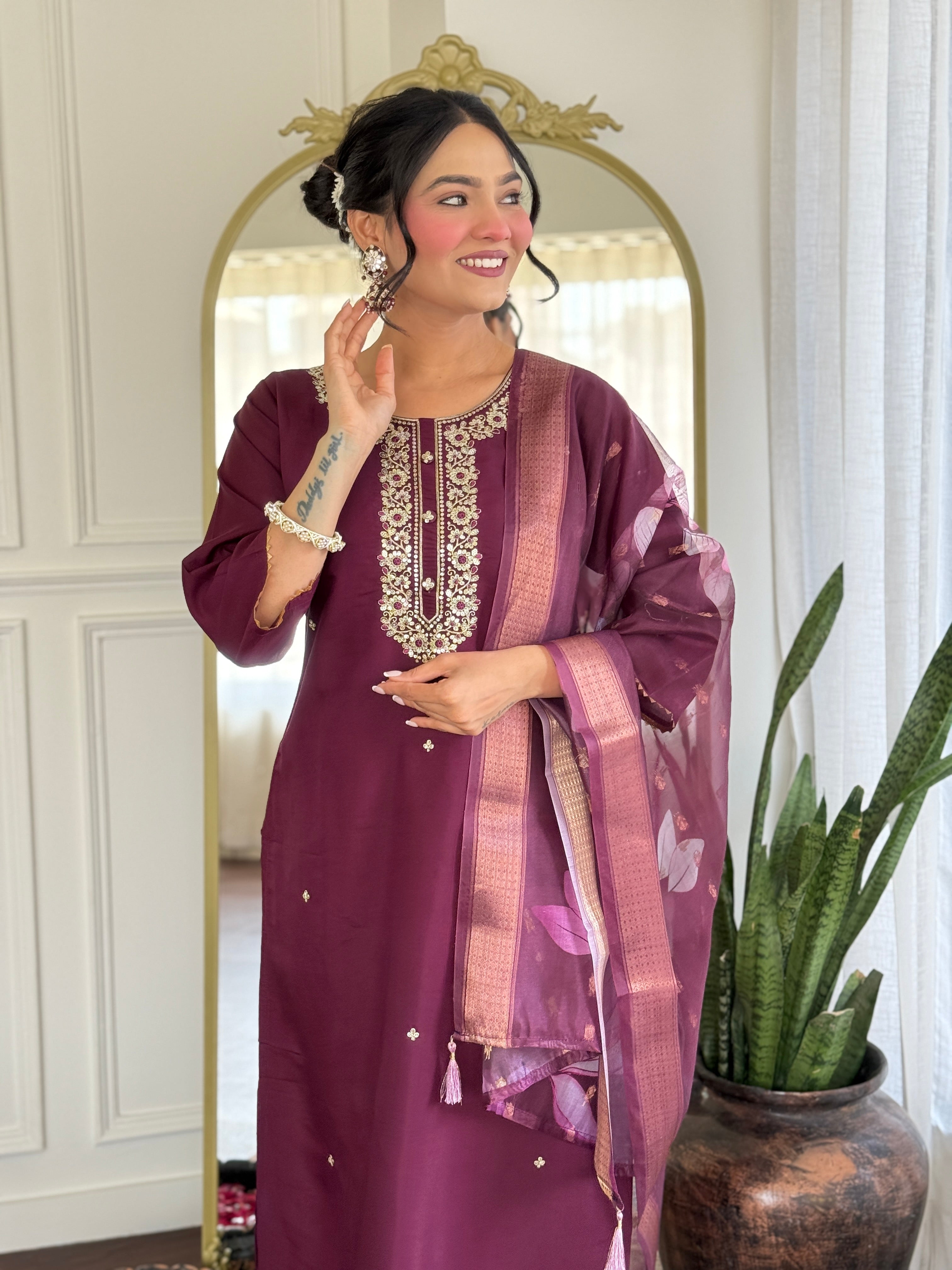Women’s Rayon Embroidered Suit Set with Jacquard Butti Dupatta