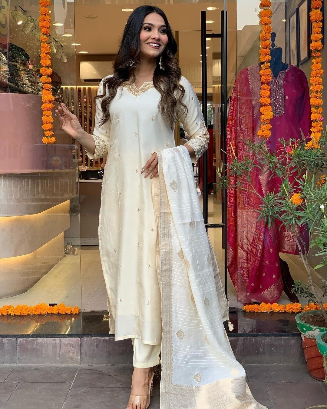 Women’s Viscose Chanderi Embroidered Suit Set with Jacquard Dupatta