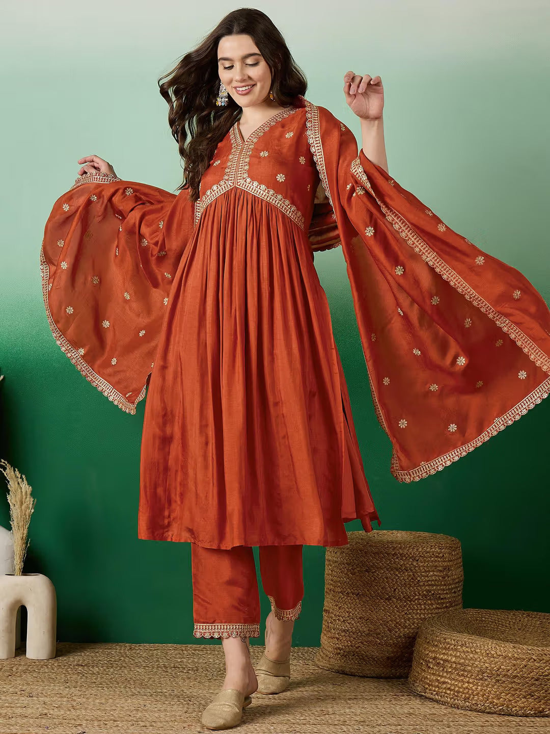 Orange Silk Embroidered Suit Set with Dupatta