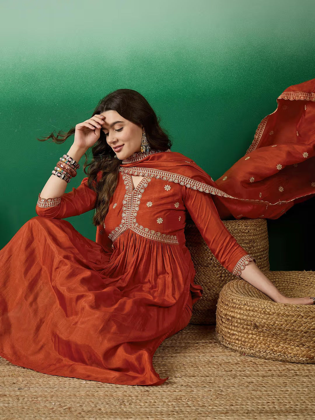 Orange Silk Embroidered Suit Set with Dupatta