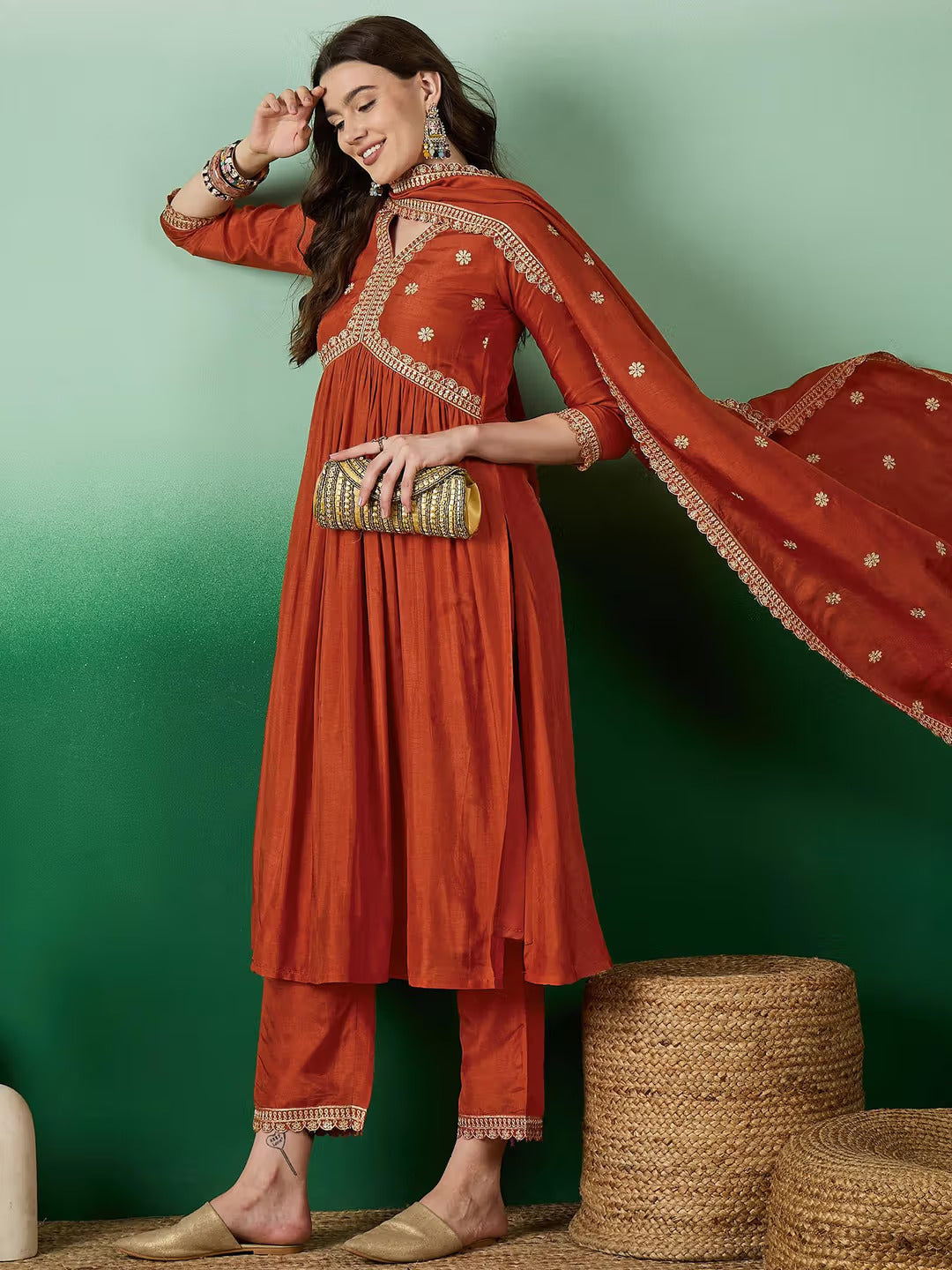 Orange Silk Embroidered Suit Set with Dupatta