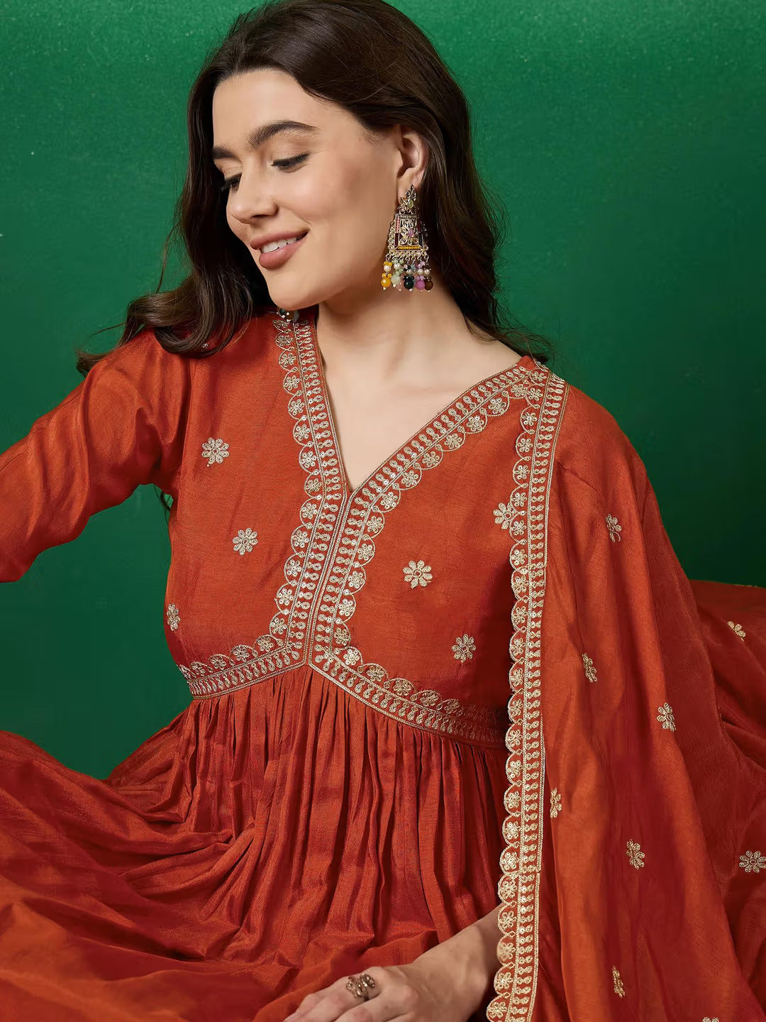 Orange Silk Embroidered Suit Set with Dupatta