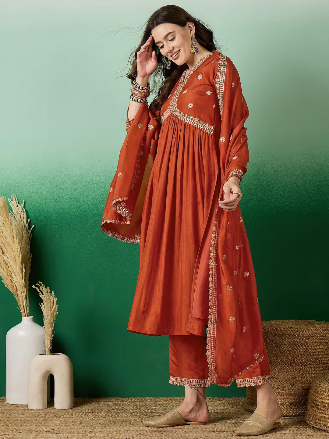Orange Silk Embroidered Suit Set with Dupatta