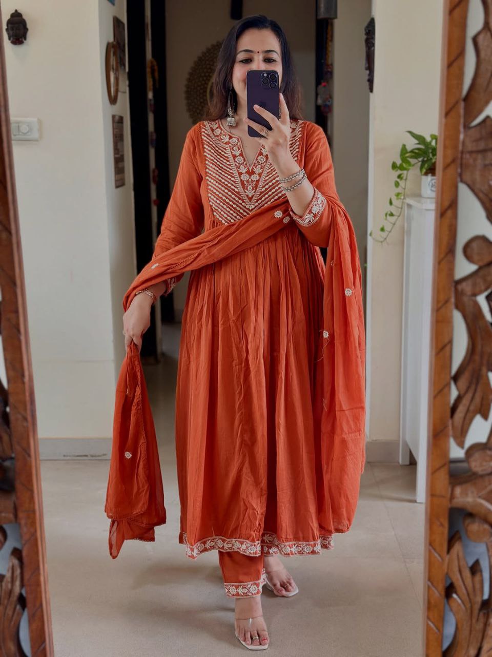 Rust Cotton Anarkali Suit with Embroidery & Dupatta