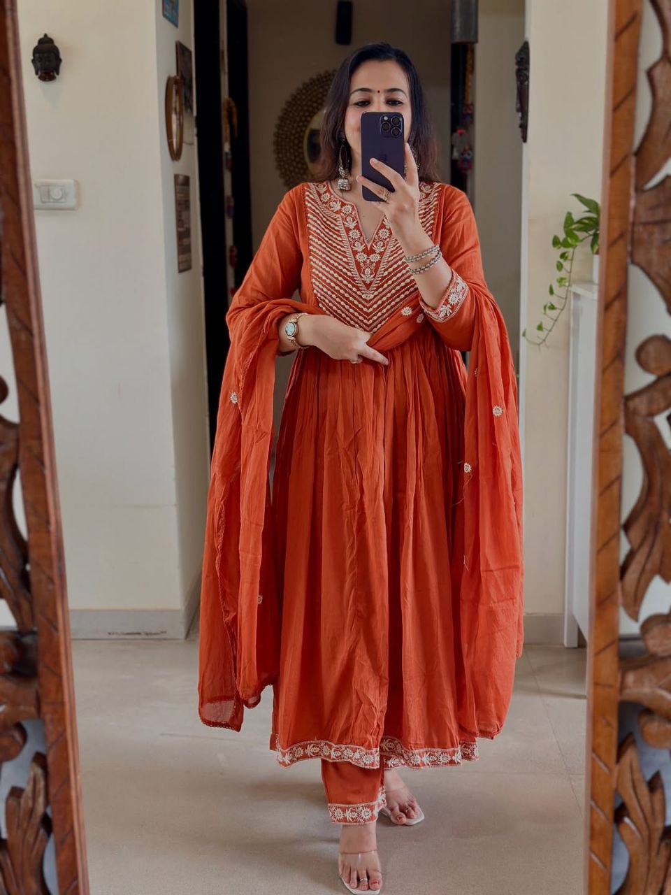 Rust Cotton Anarkali Suit with Embroidery & Dupatta