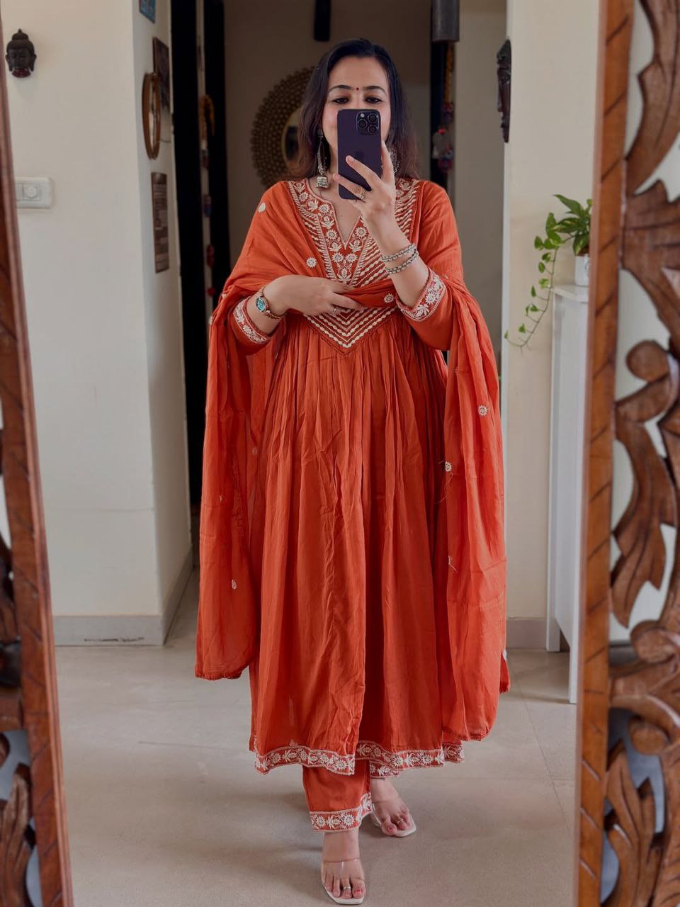 Rust Cotton Anarkali Suit with Embroidery & Dupatta