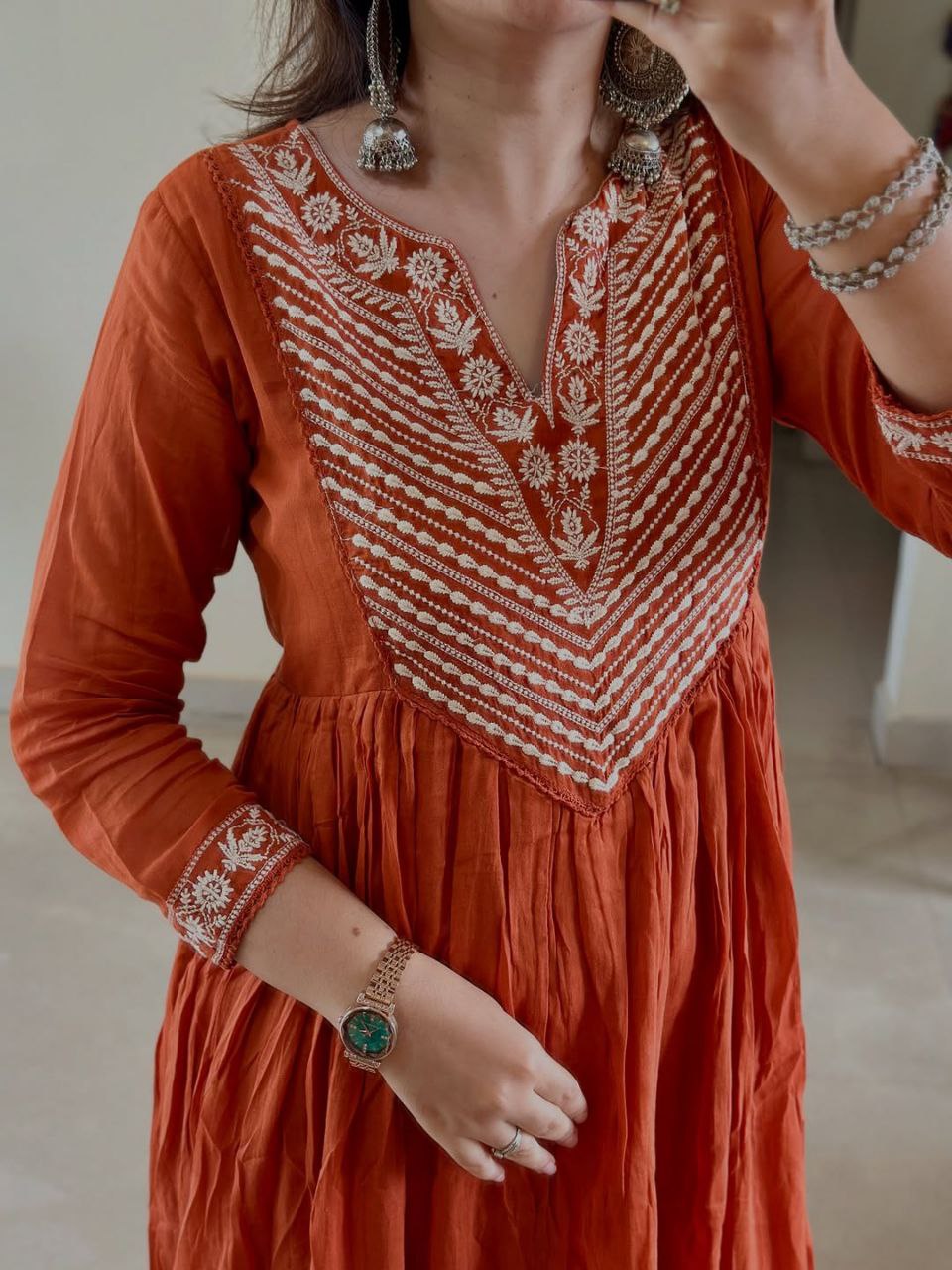 Rust Cotton Anarkali Suit with Embroidery & Dupatta