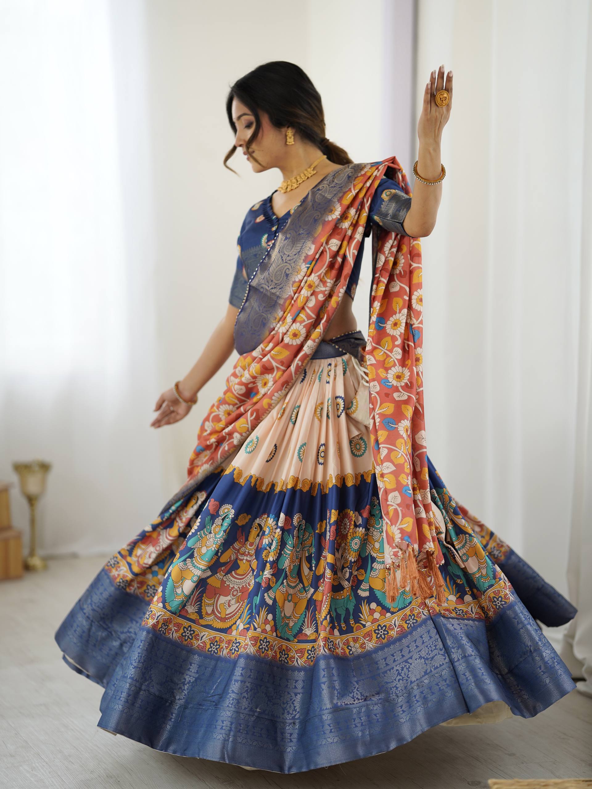 Kalamkari Silk Lehenga Choli with Dupatta