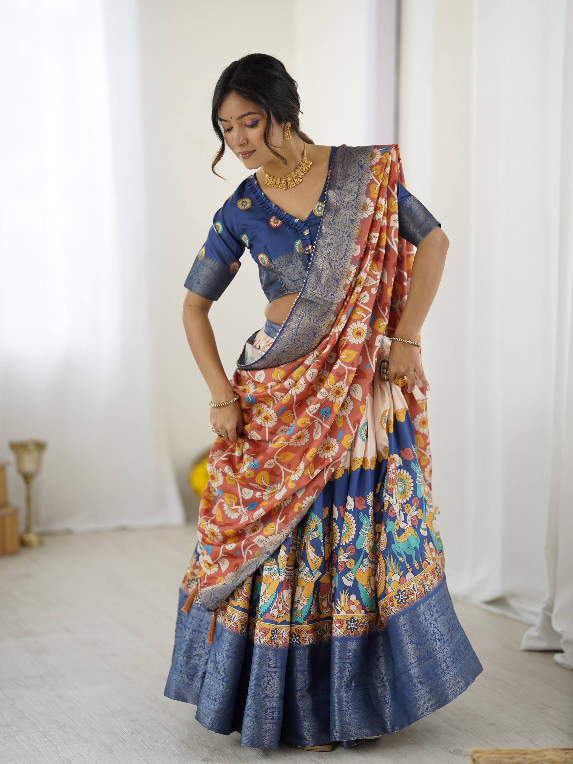 Kalamkari Silk Lehenga Choli with Dupatta