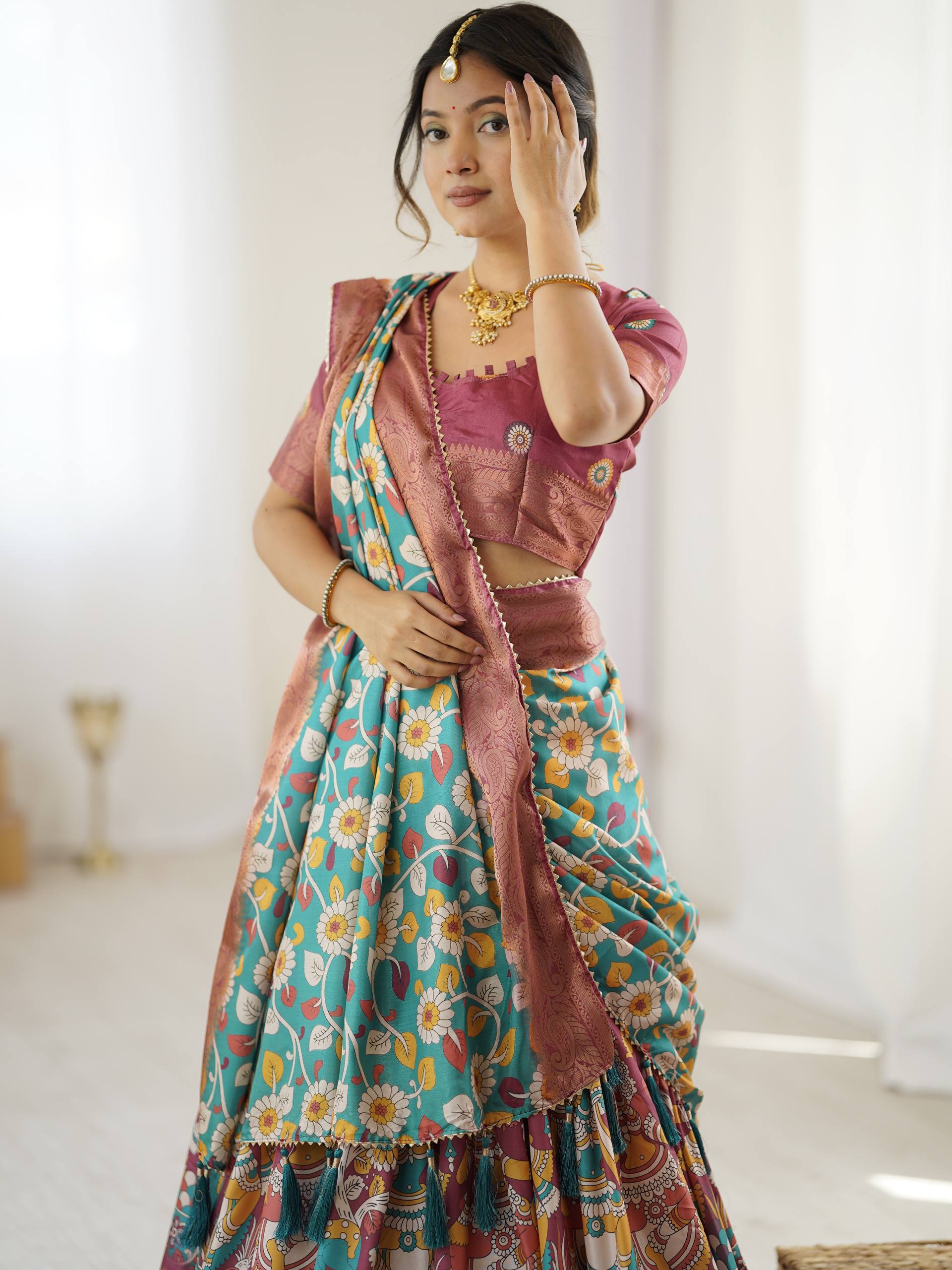 Kalamkari Silk Lehenga Choli with Dupatta