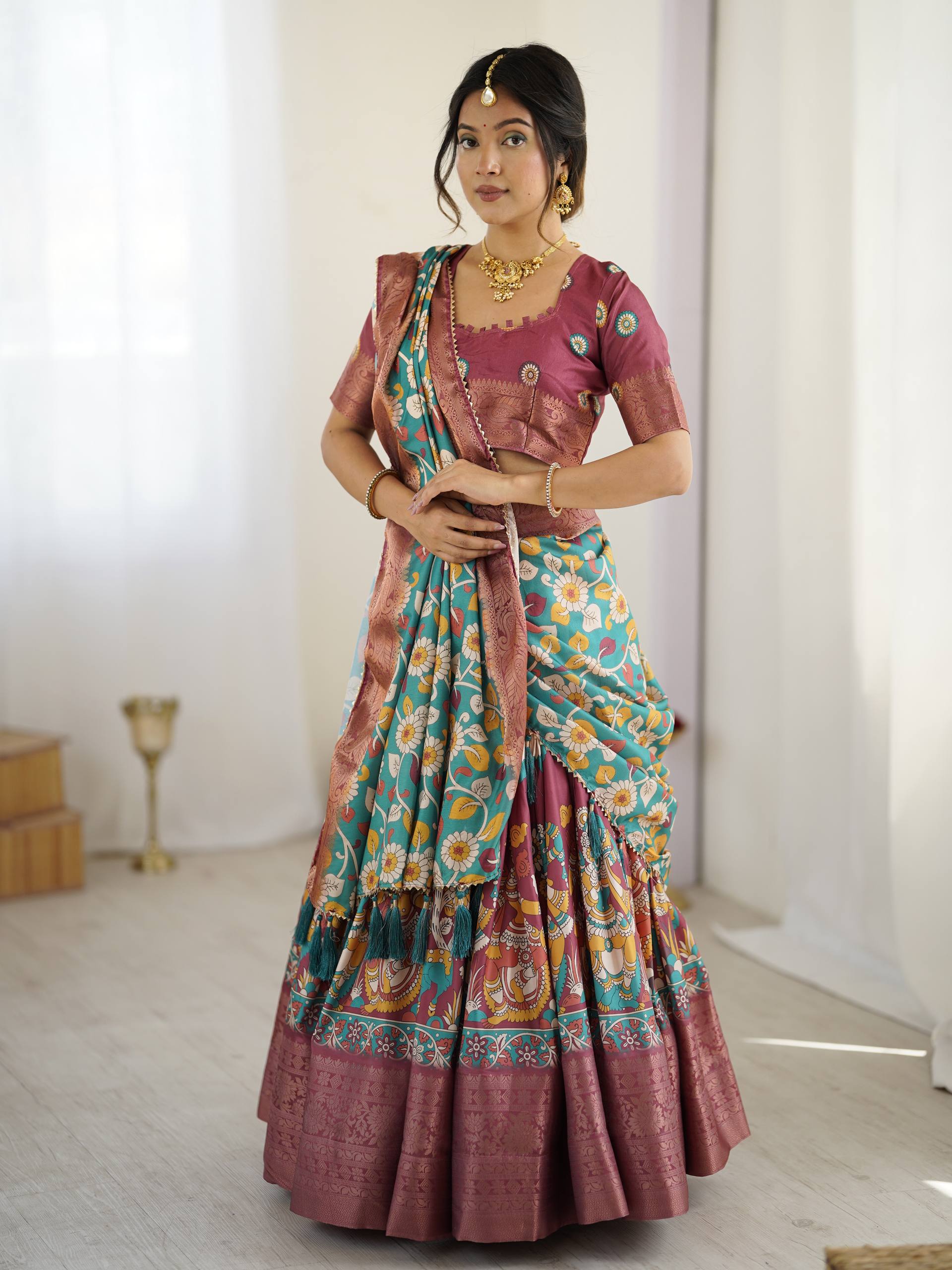 Kalamkari Silk Lehenga Choli with Dupatta