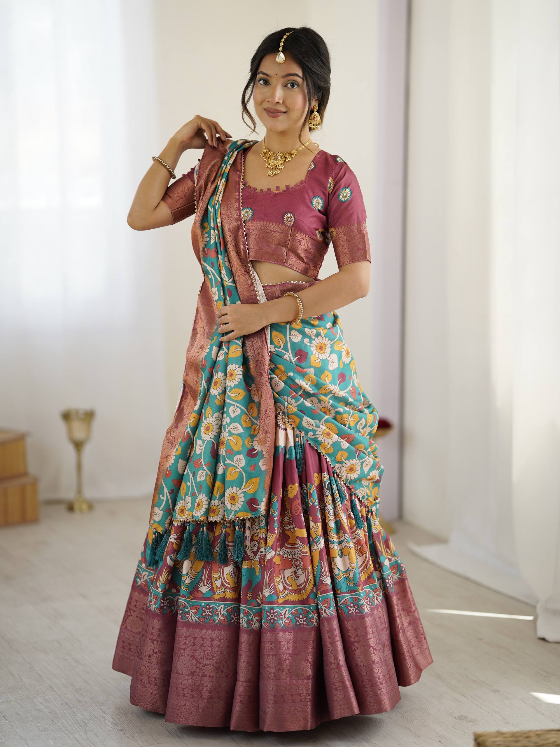 Kalamkari Silk Lehenga Choli with Dupatta