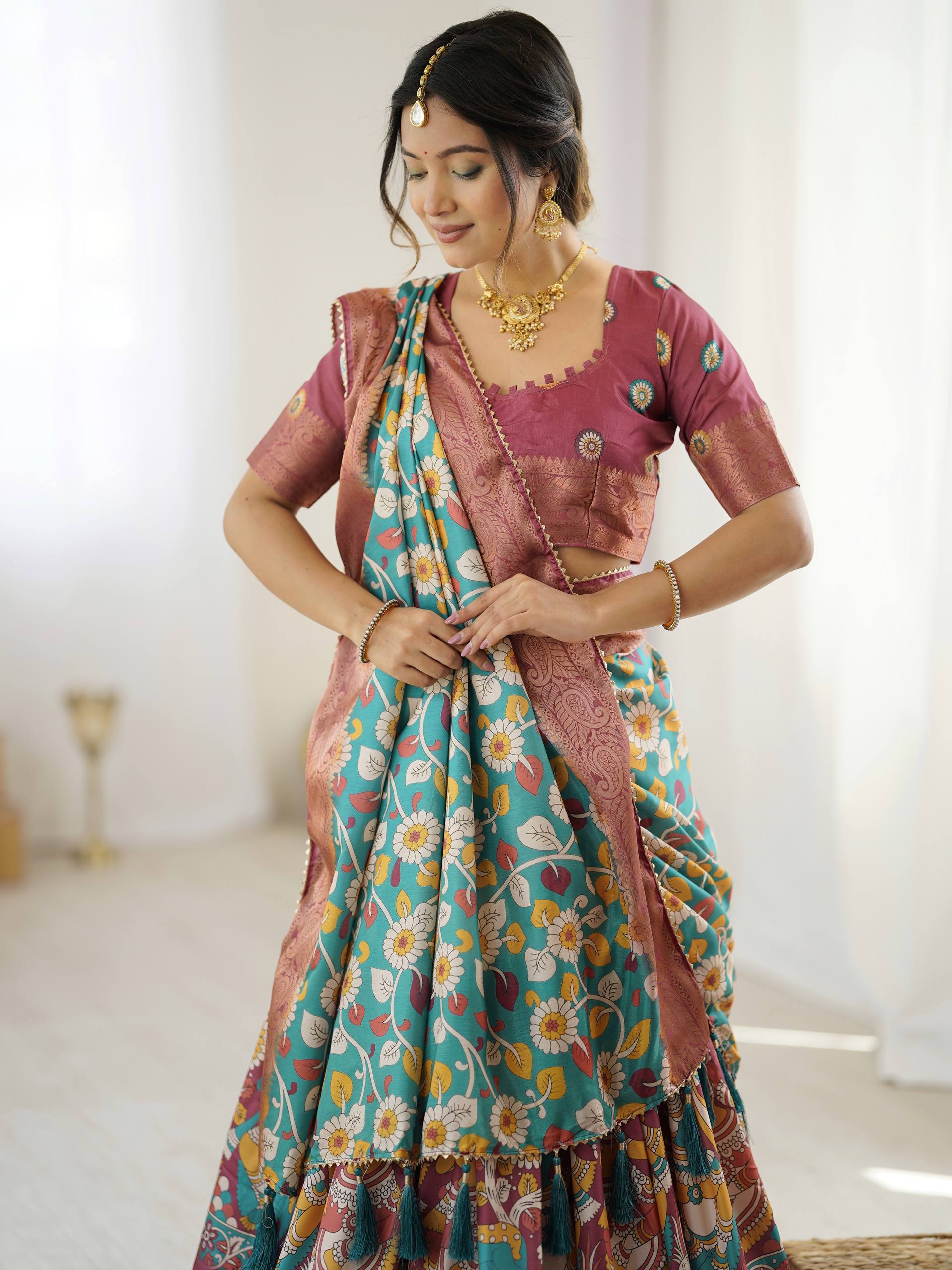 Kalamkari Silk Lehenga Choli with Dupatta