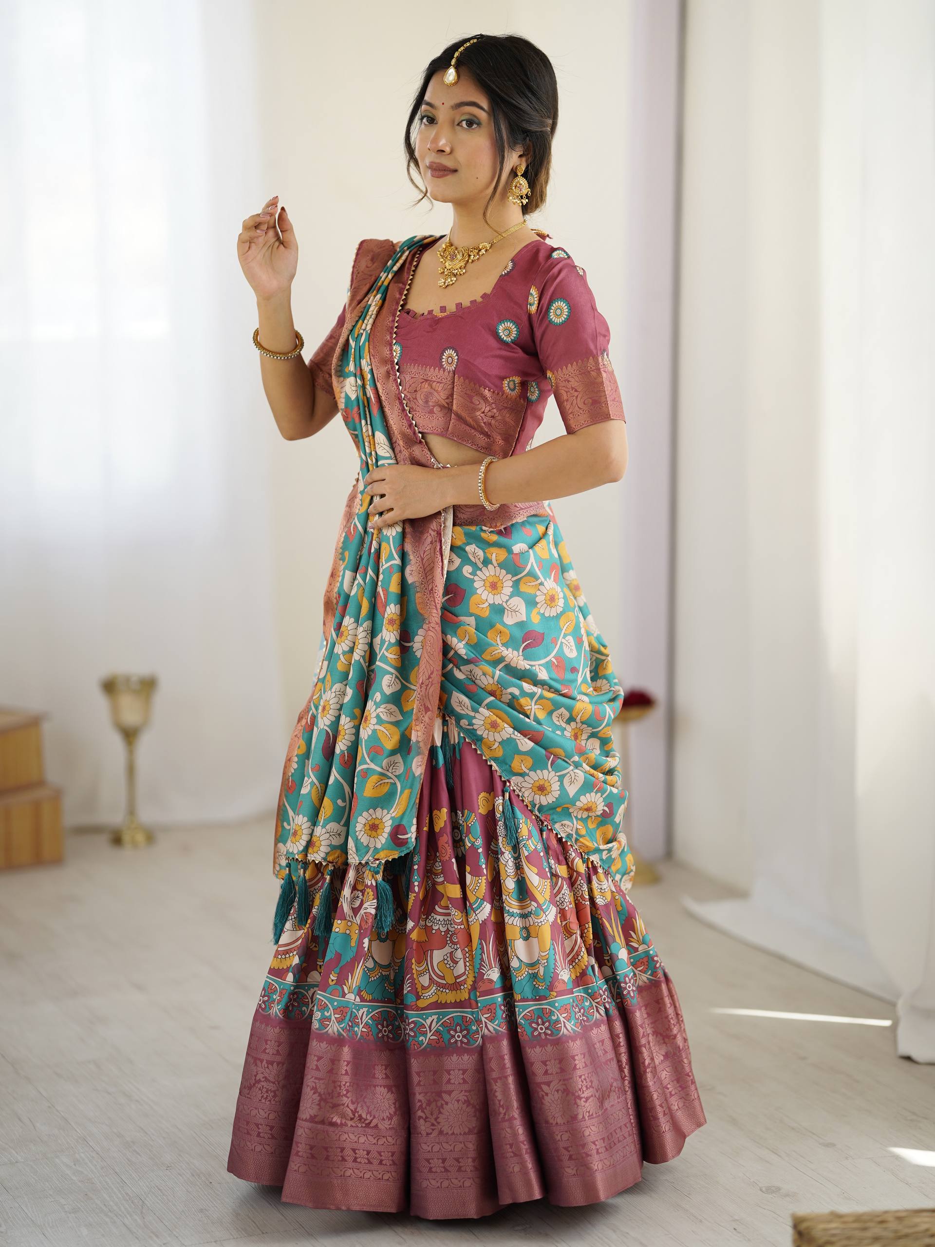 Kalamkari Silk Lehenga Choli with Dupatta