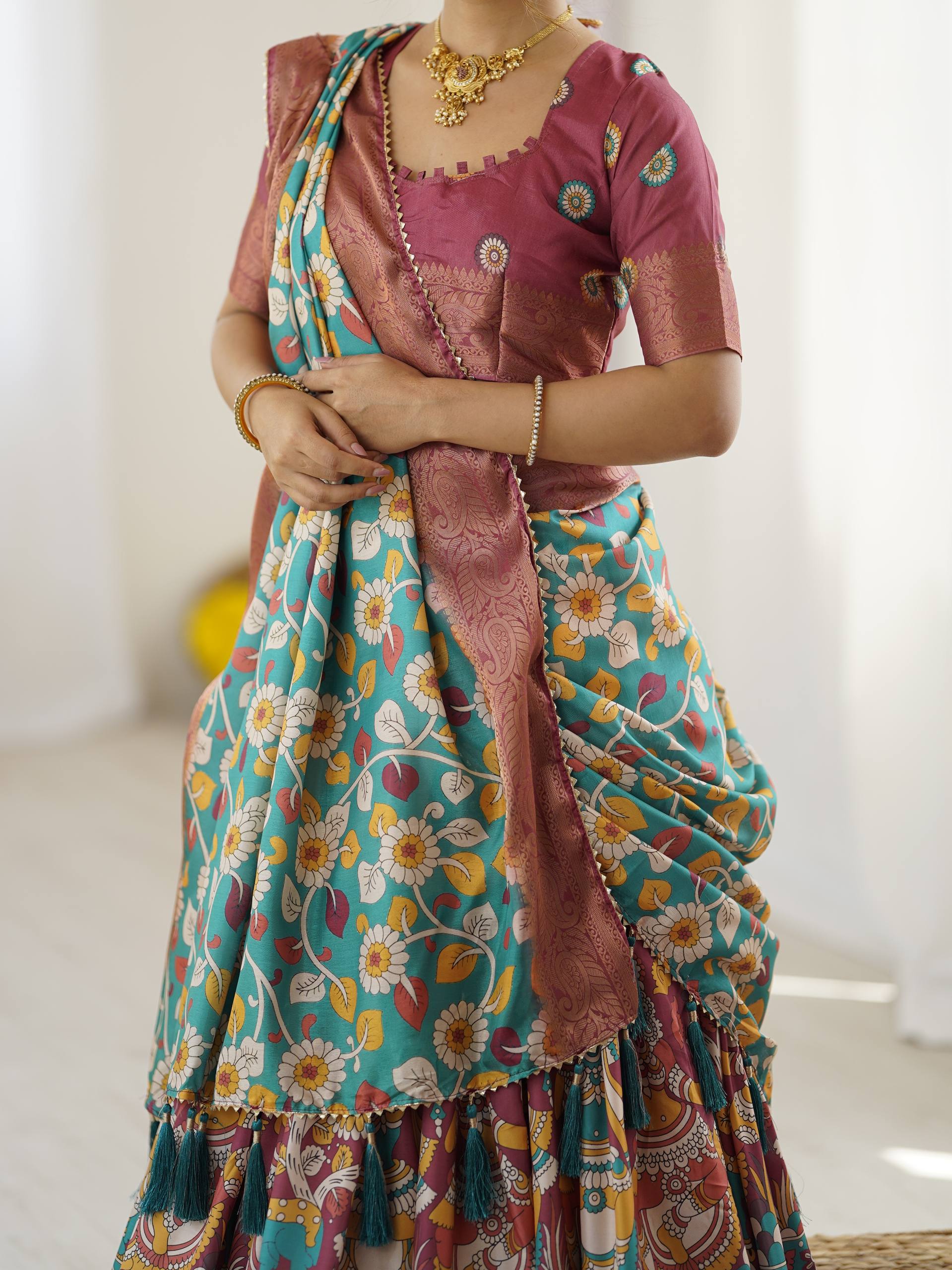Kalamkari Silk Lehenga Choli with Dupatta