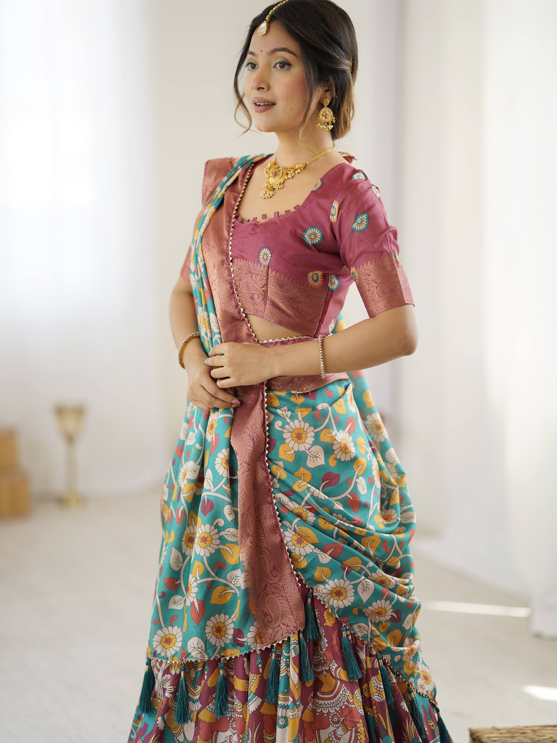 Kalamkari Silk Lehenga Choli with Dupatta