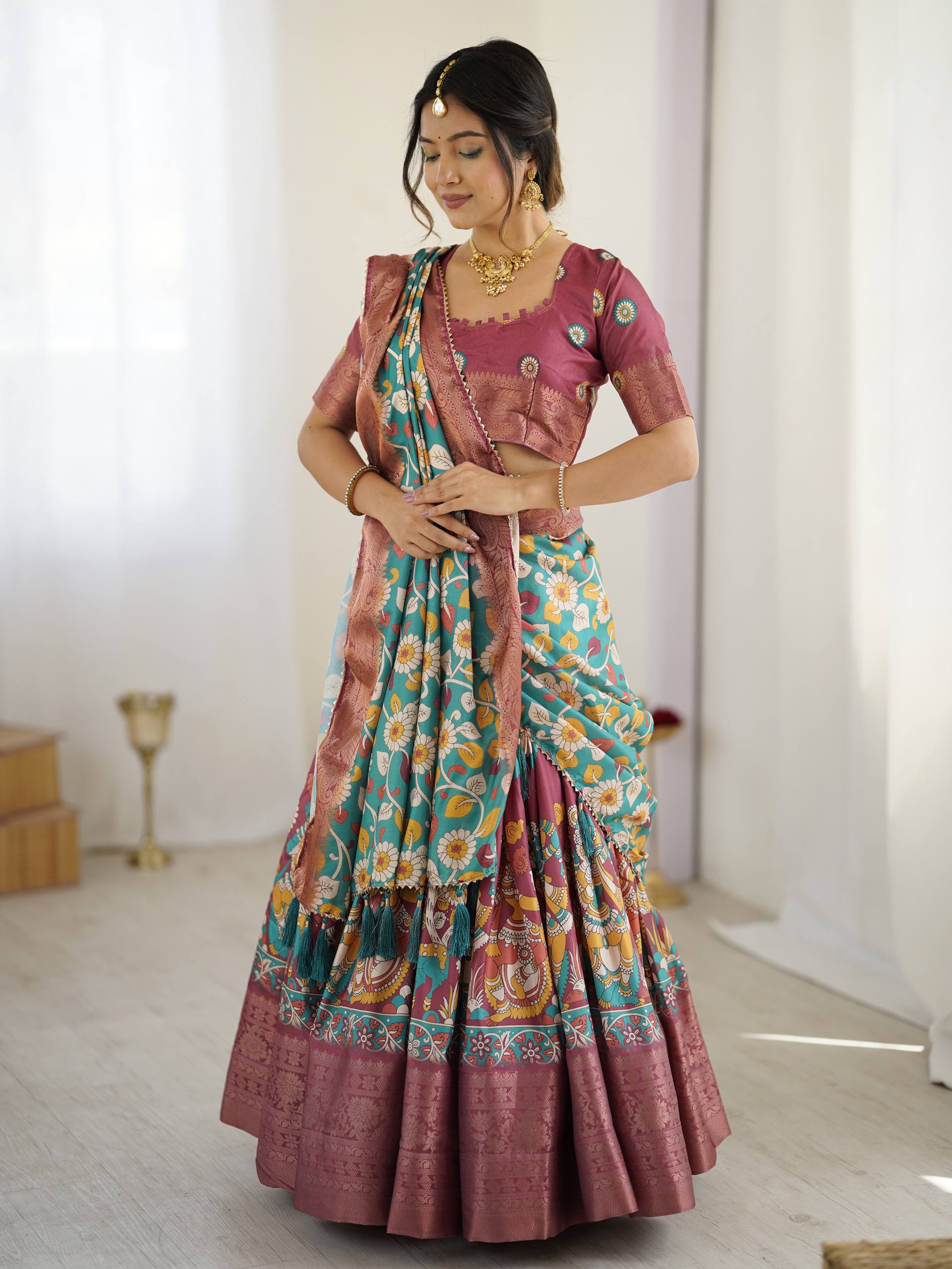 Kalamkari Silk Lehenga Choli with Dupatta