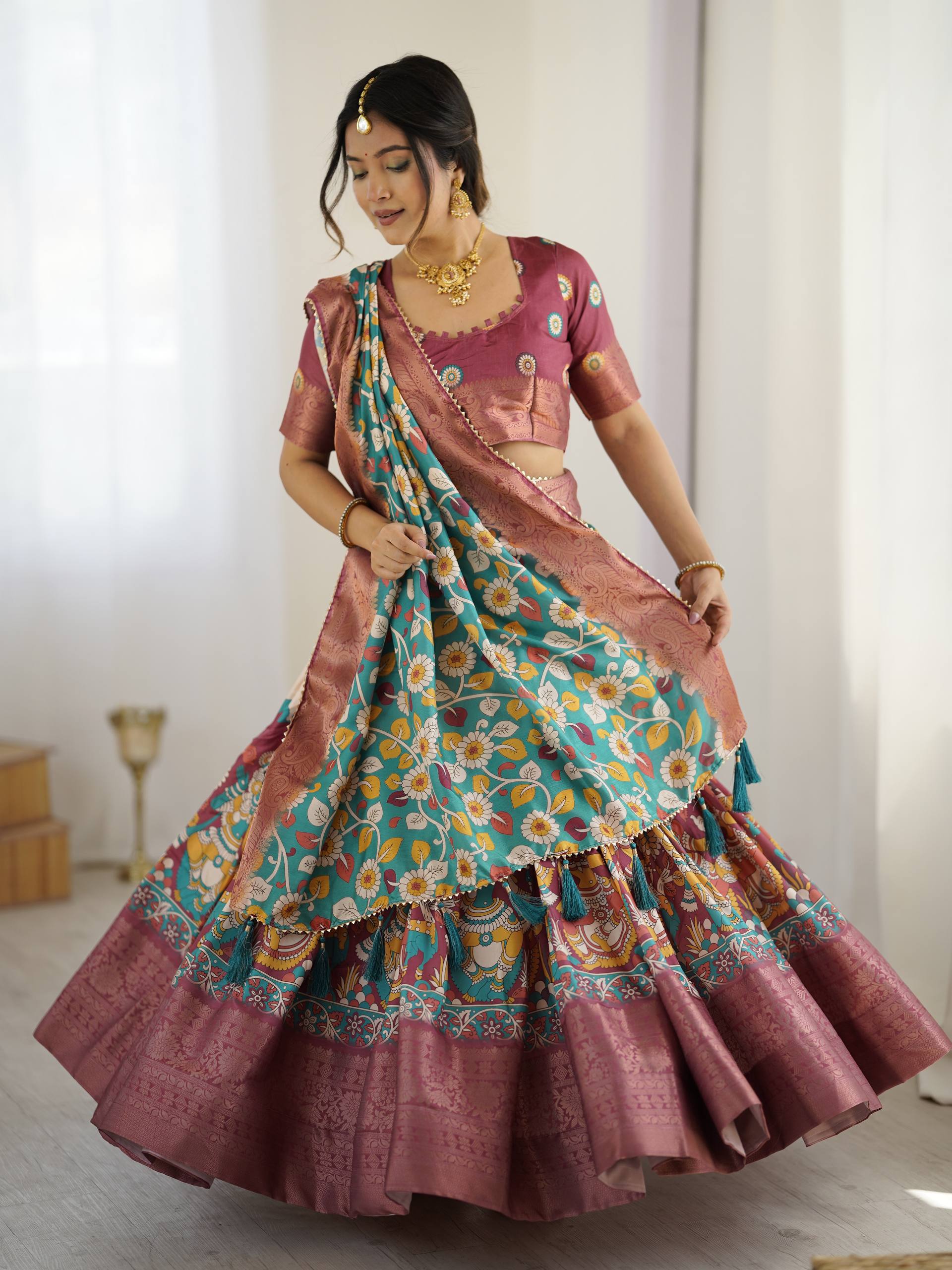 Kalamkari Silk Lehenga Choli with Dupatta