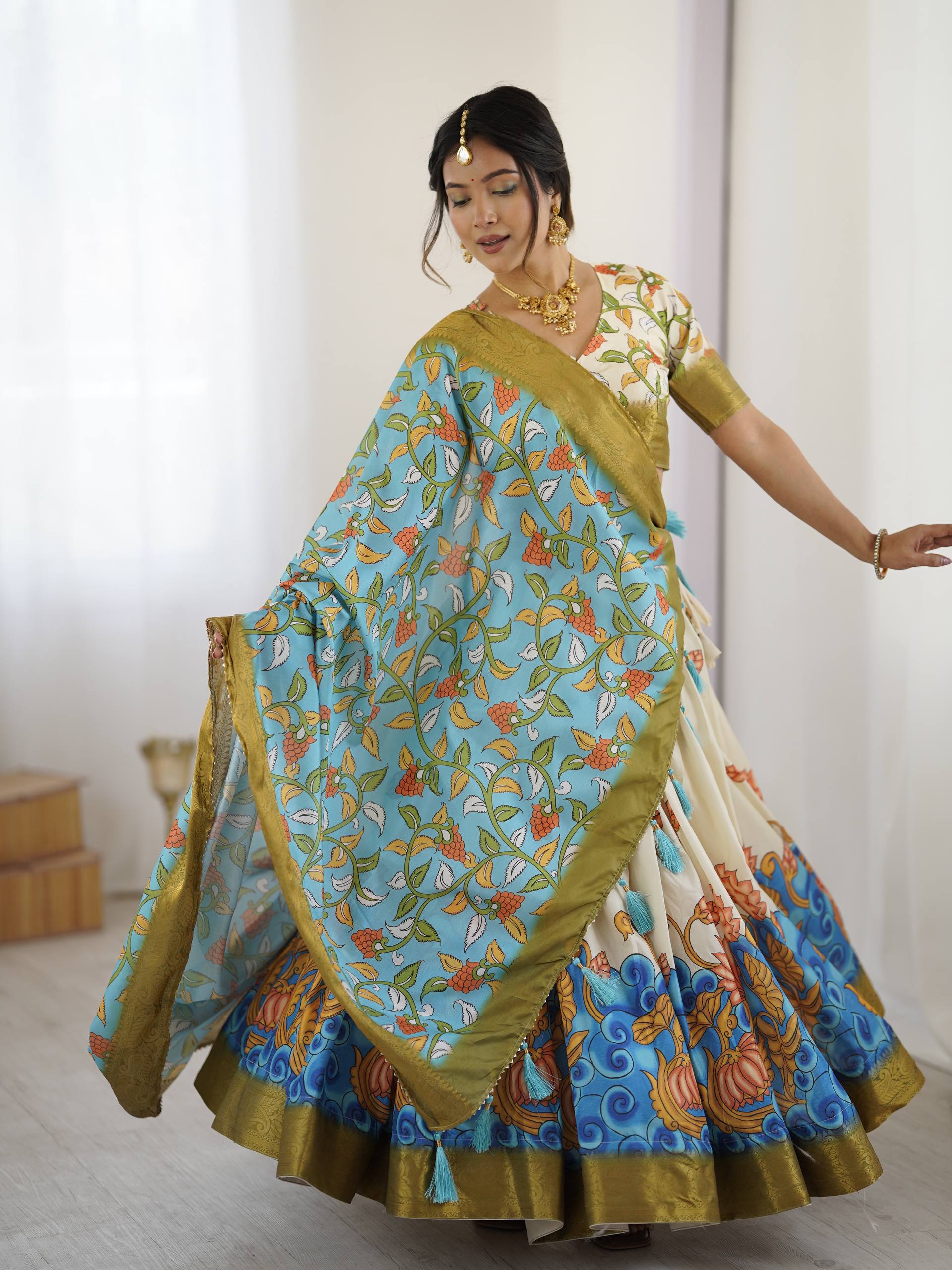 Kalamkari Tussar Silk Lehenga Choli - Multi Color