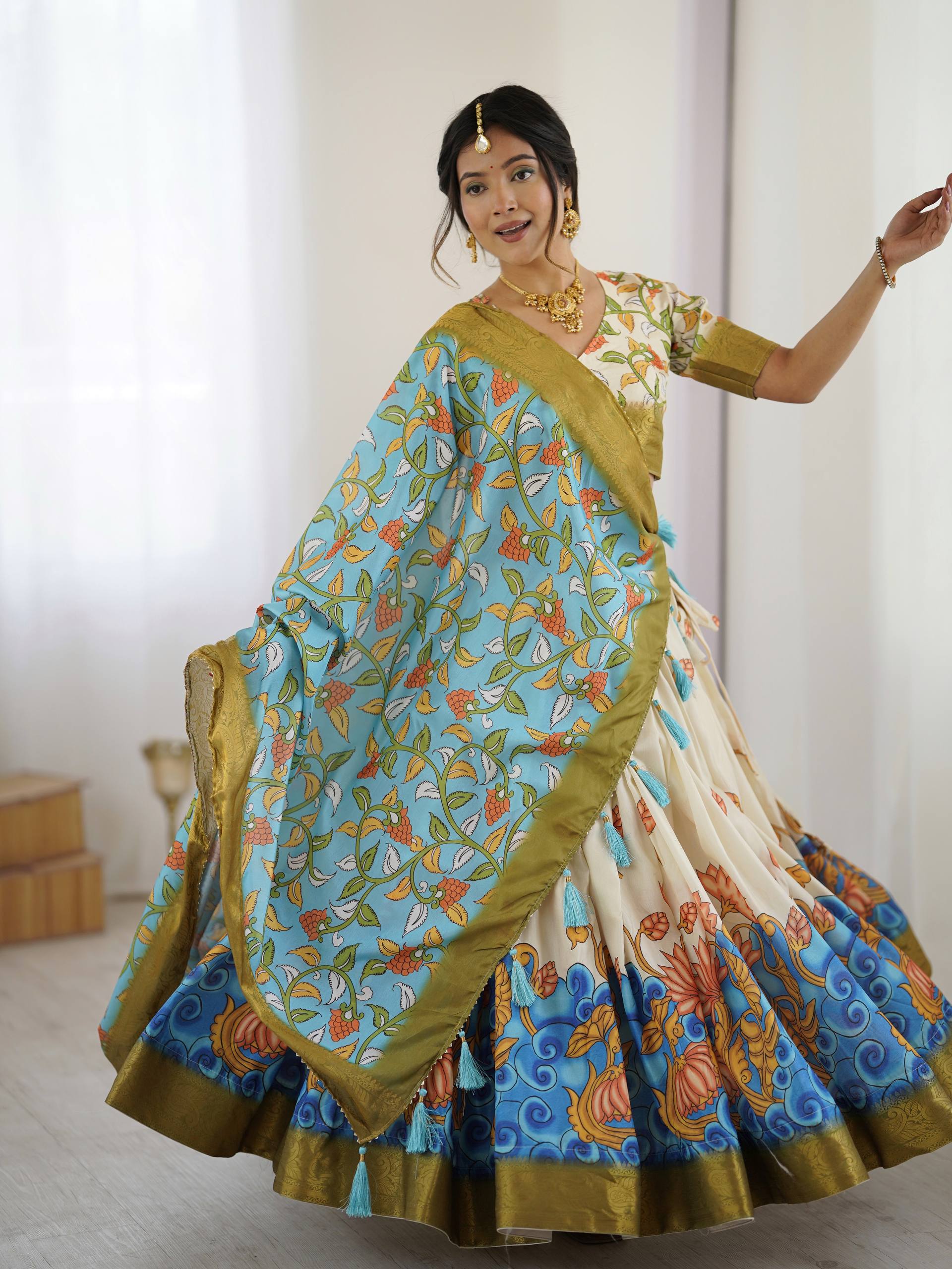 Kalamkari Tussar Silk Lehenga Choli - Multi Color