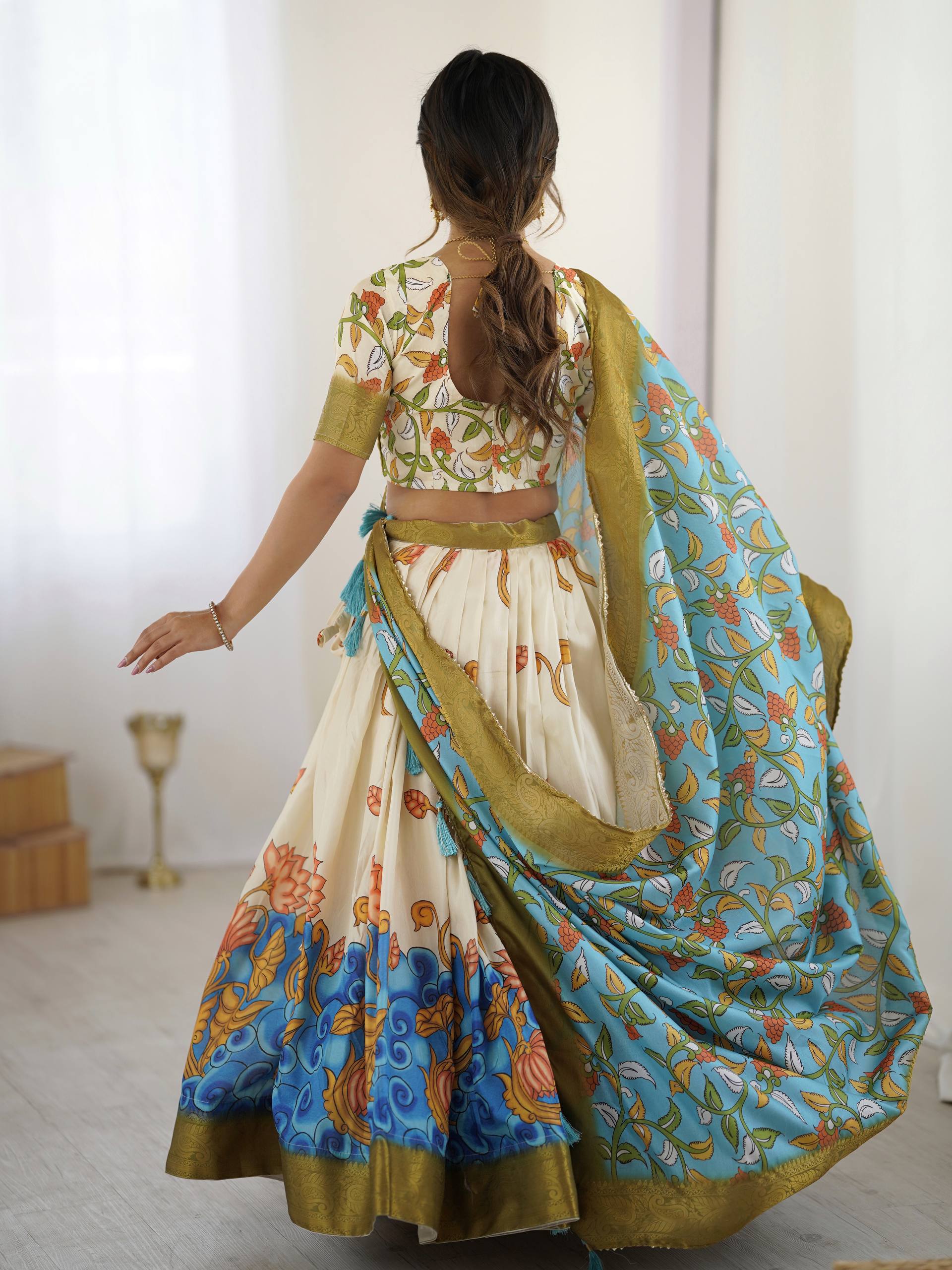 Kalamkari Tussar Silk Lehenga Choli - Multi Color