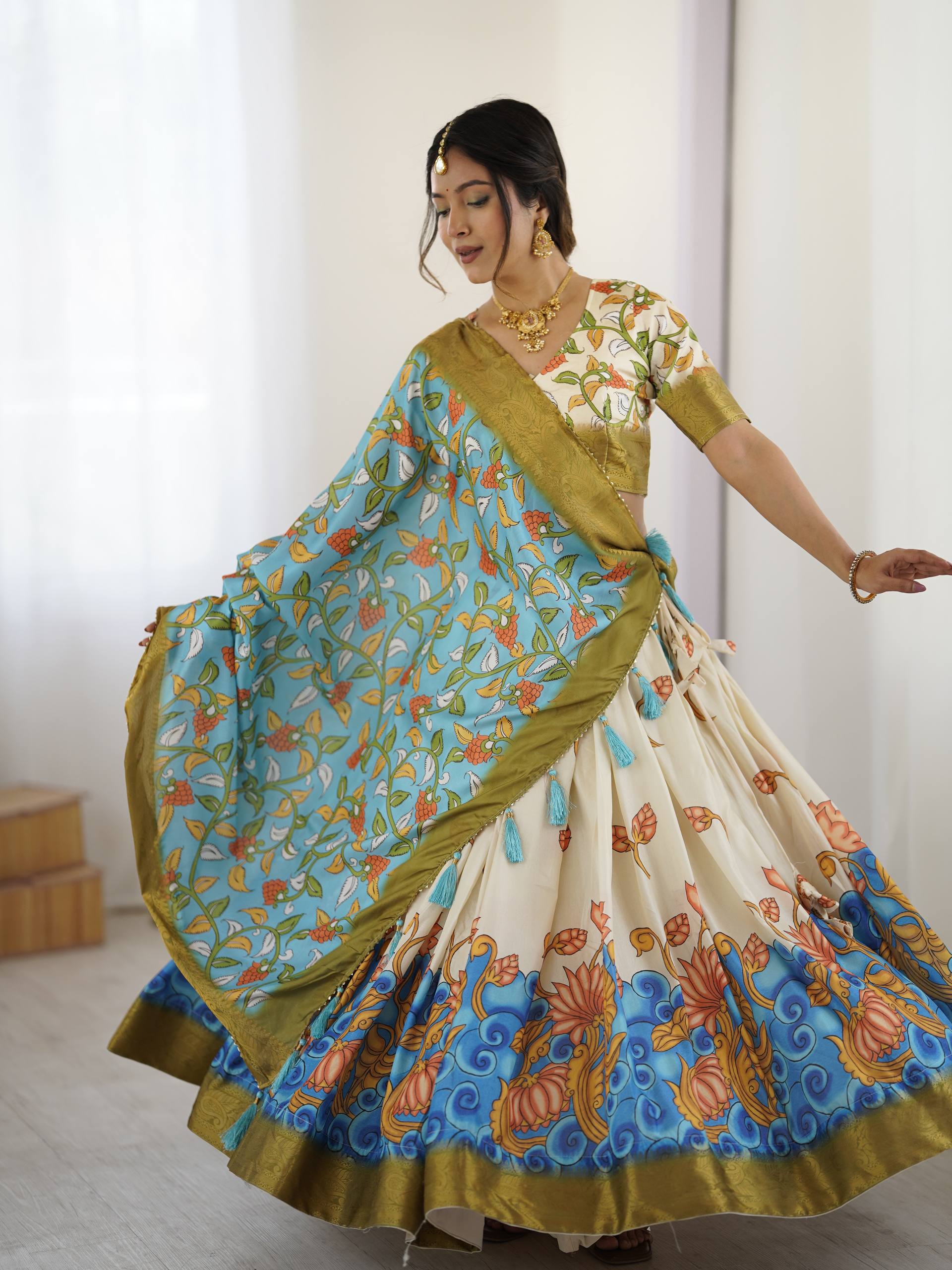 Kalamkari Tussar Silk Lehenga Choli - Multi Color