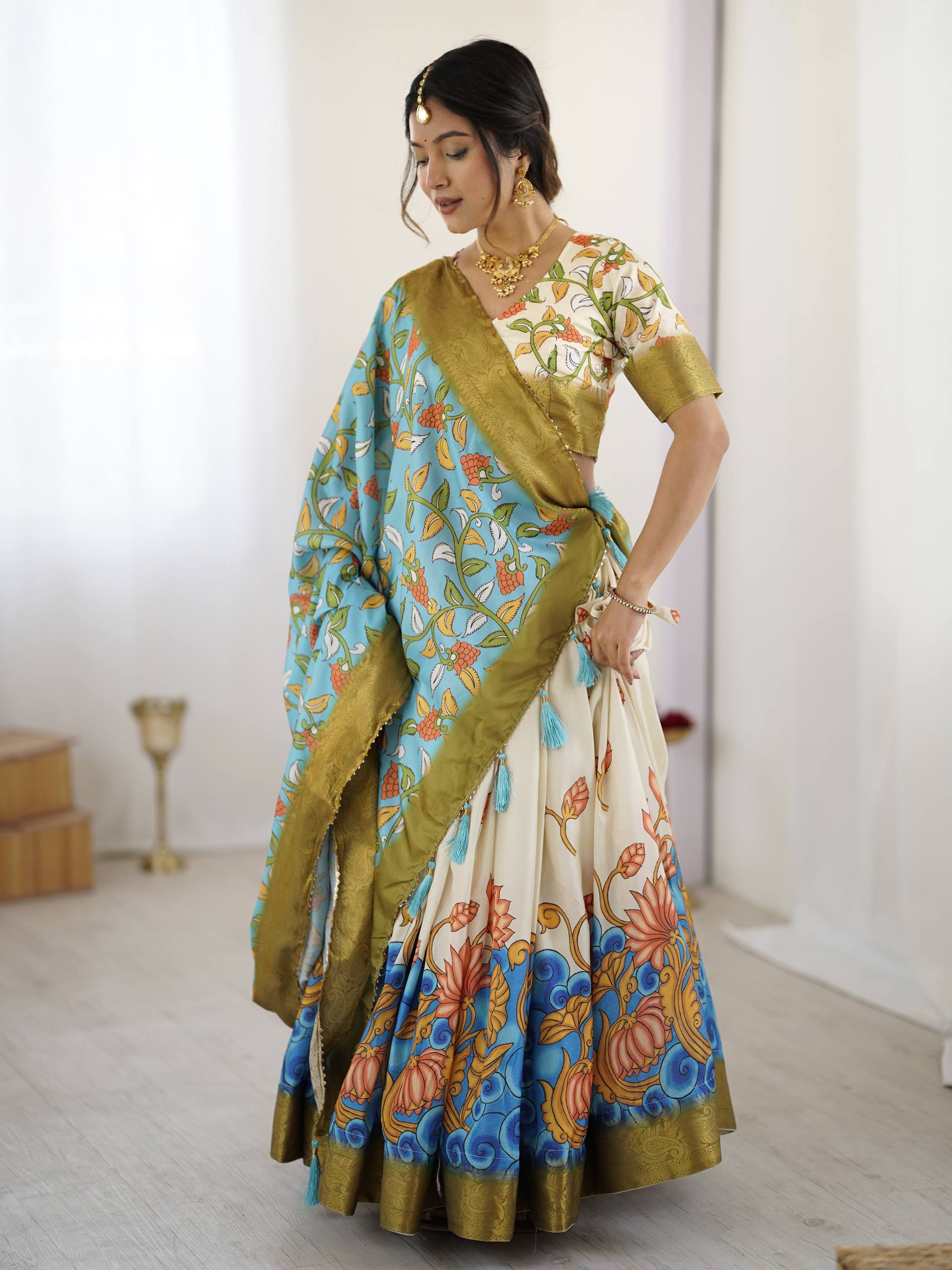 Kalamkari Tussar Silk Lehenga Choli - Multi Color