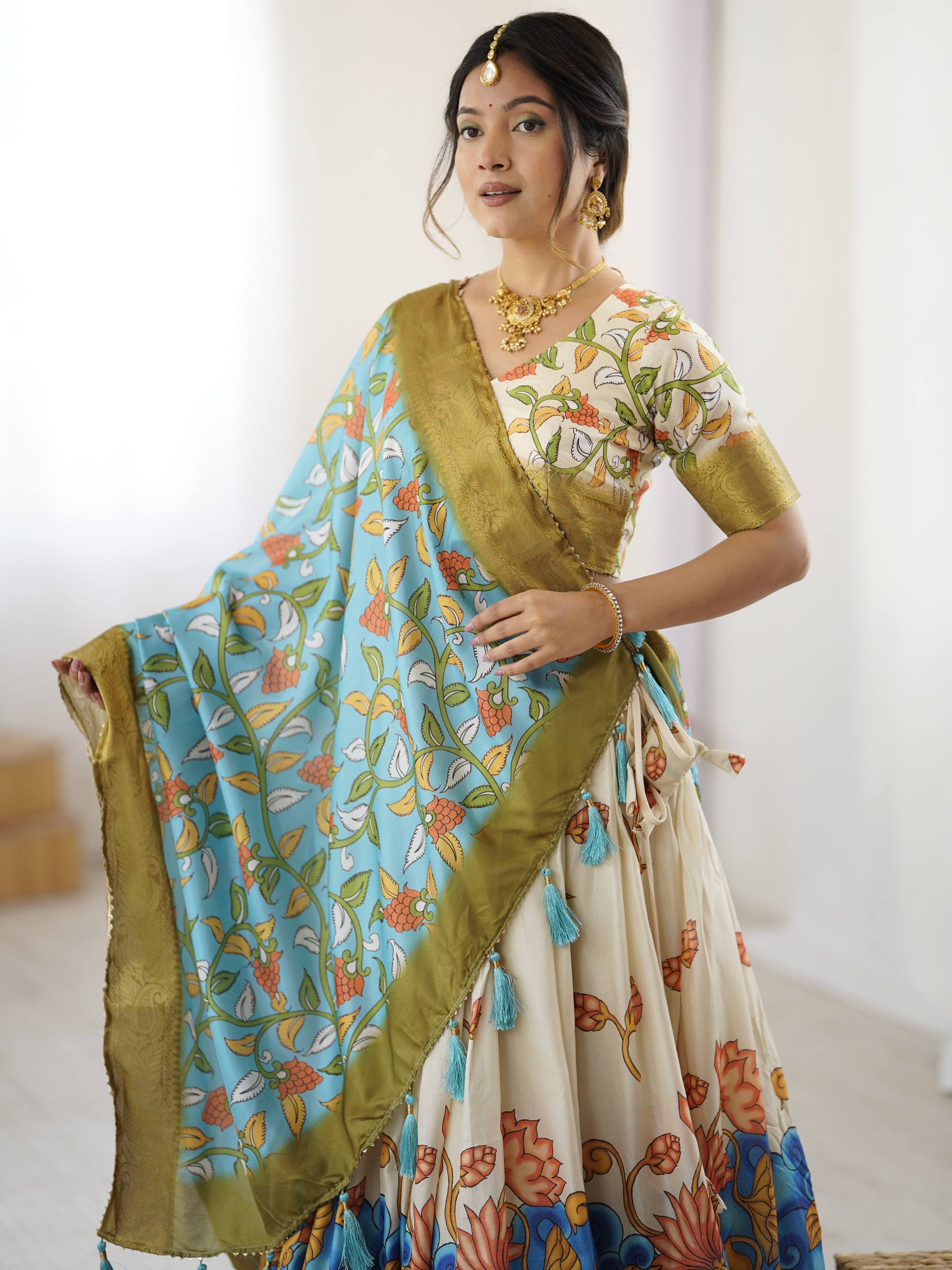 Kalamkari Tussar Silk Lehenga Choli - Multi Color