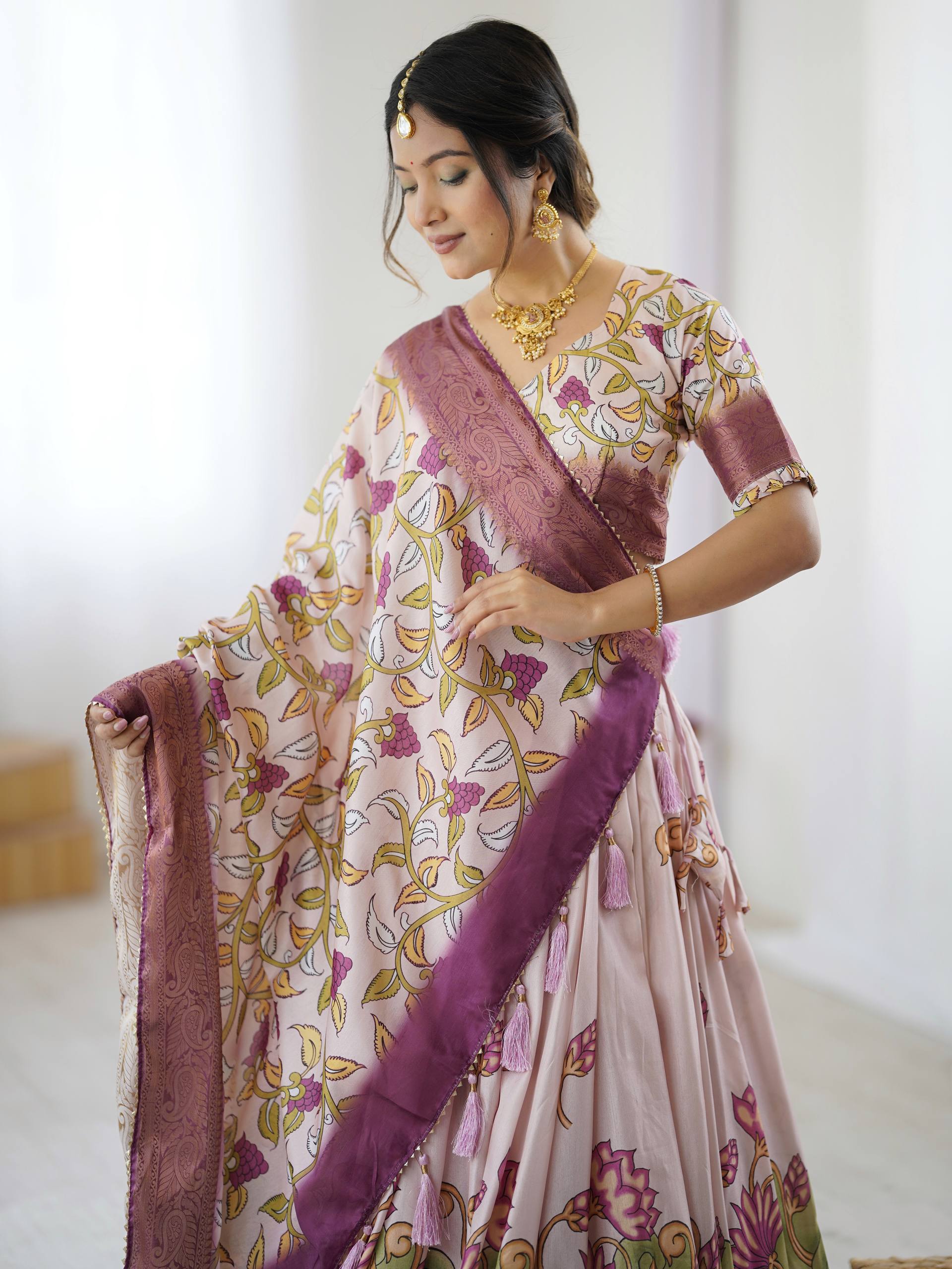 Kalamkari Tussar Silk Lehenga Choli - Multi Color