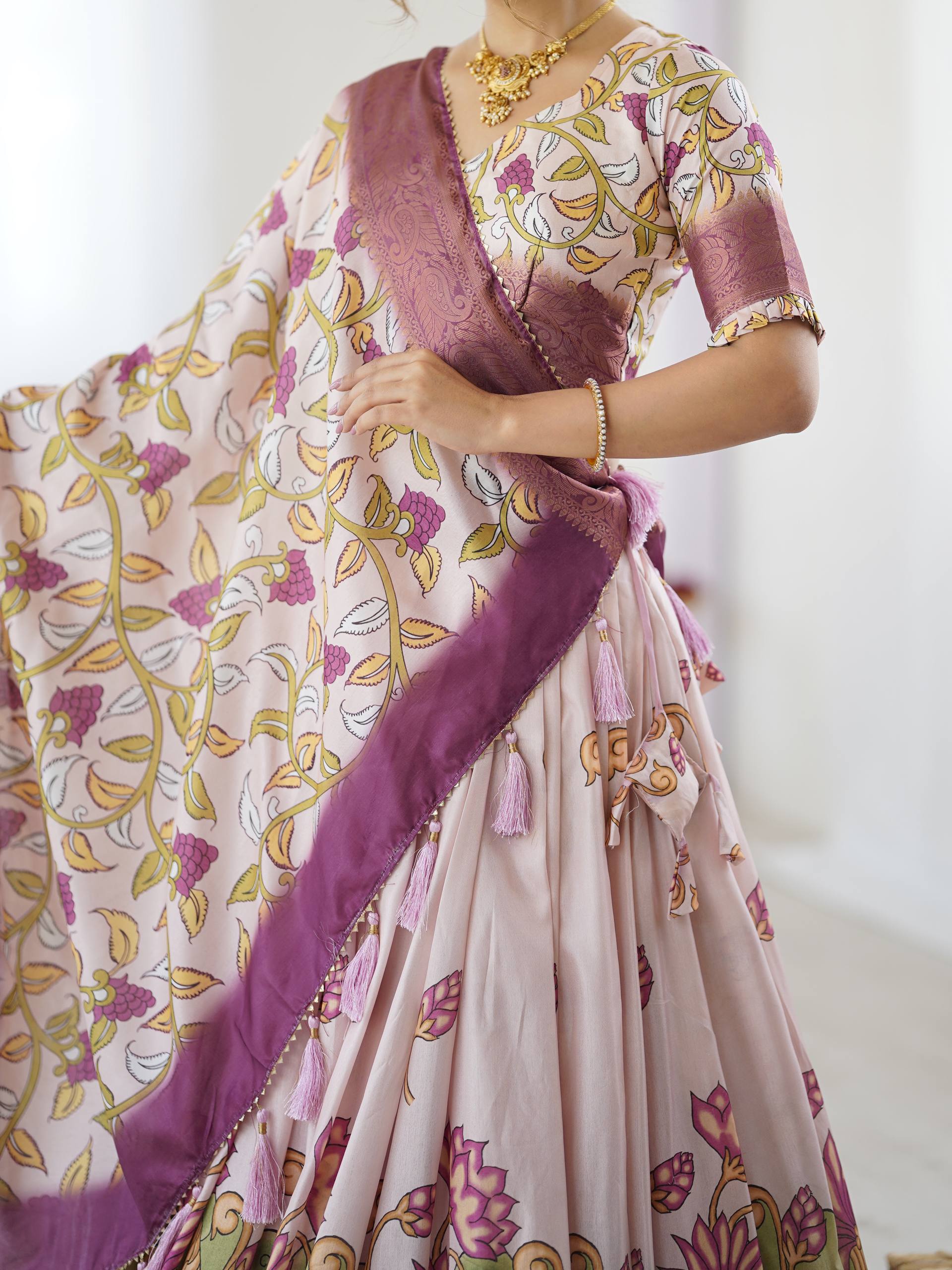Kalamkari Tussar Silk Lehenga Choli - Multi Color