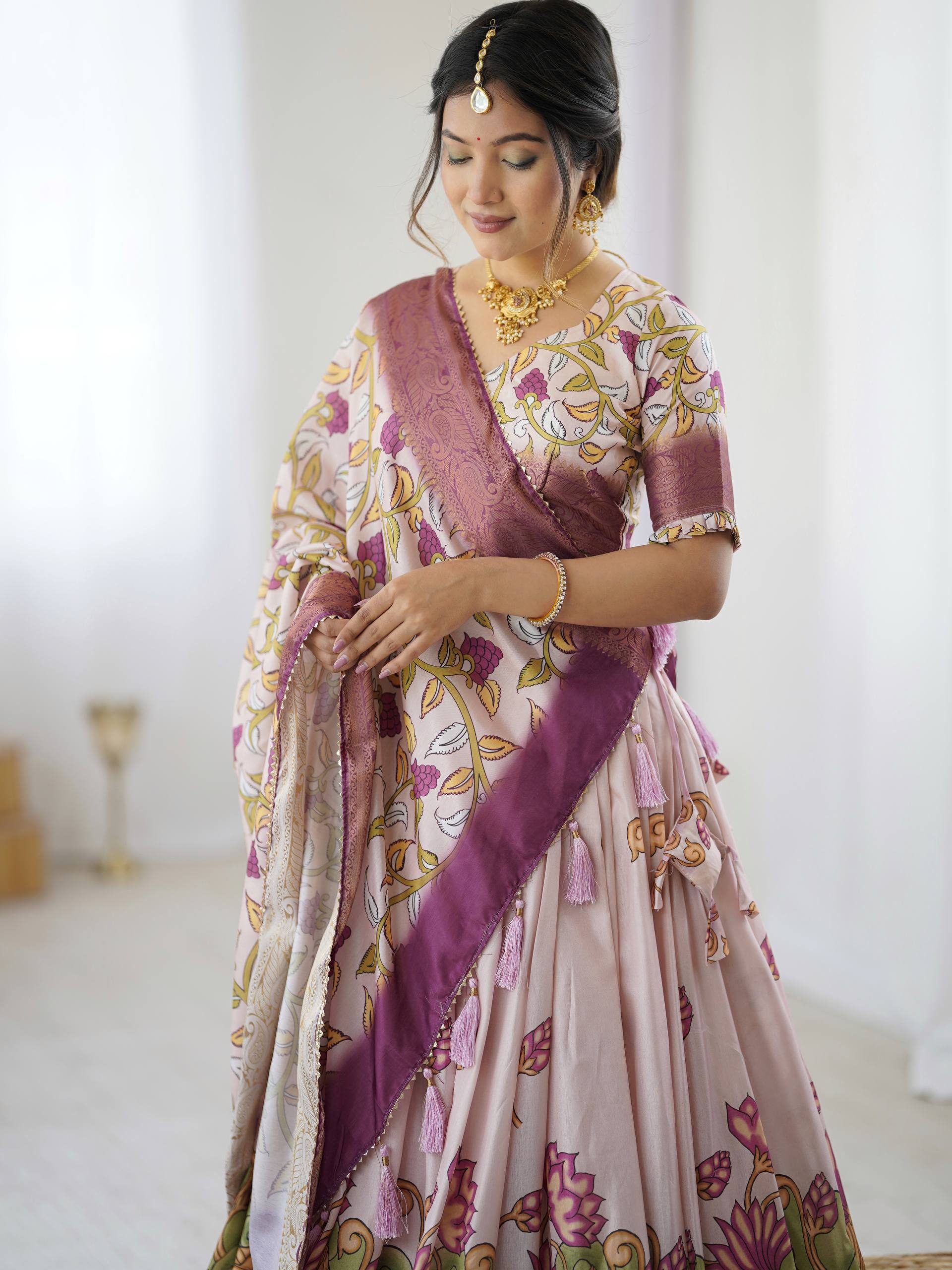 Kalamkari Tussar Silk Lehenga Choli - Multi Color