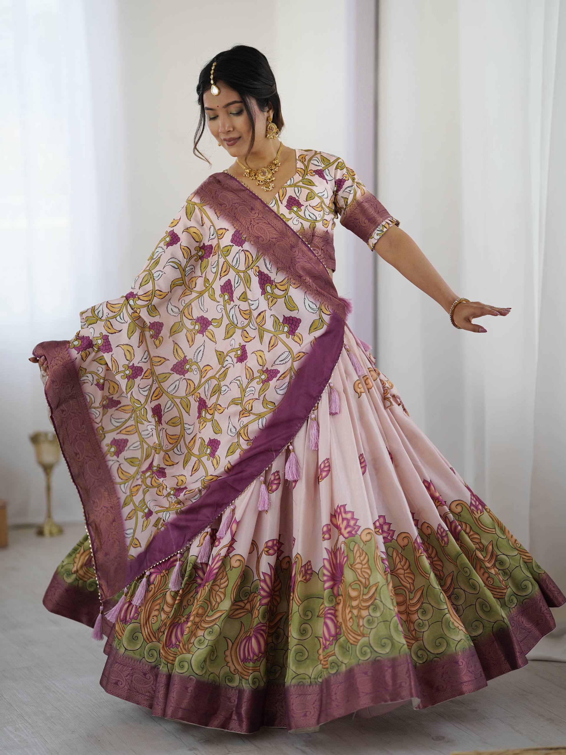Kalamkari Tussar Silk Lehenga Choli - Multi Color
