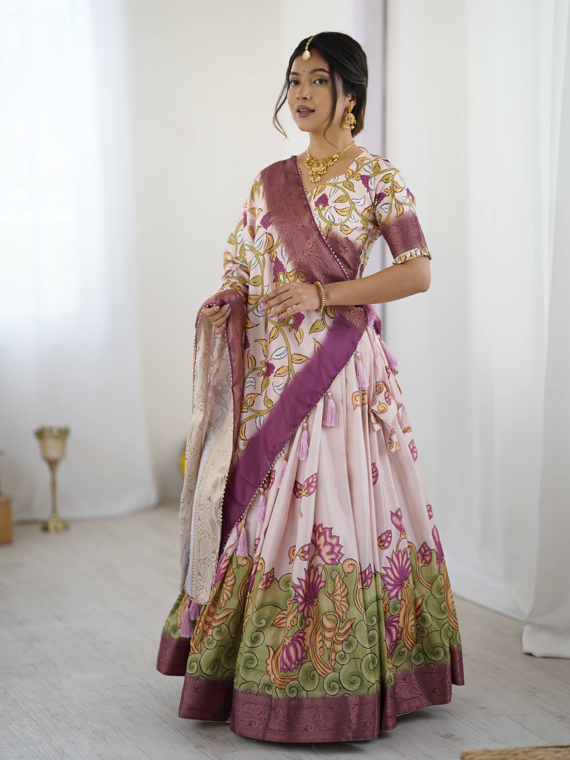 Kalamkari Tussar Silk Lehenga Choli - Multi Color